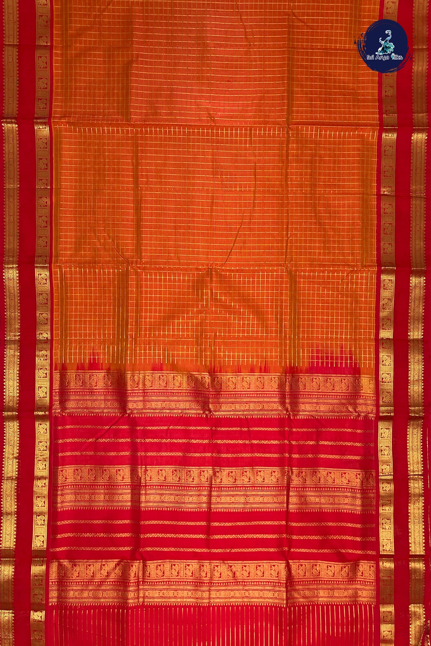 Lite Mustard Orange Silk Cotton Saree With Zari Checked Pattern