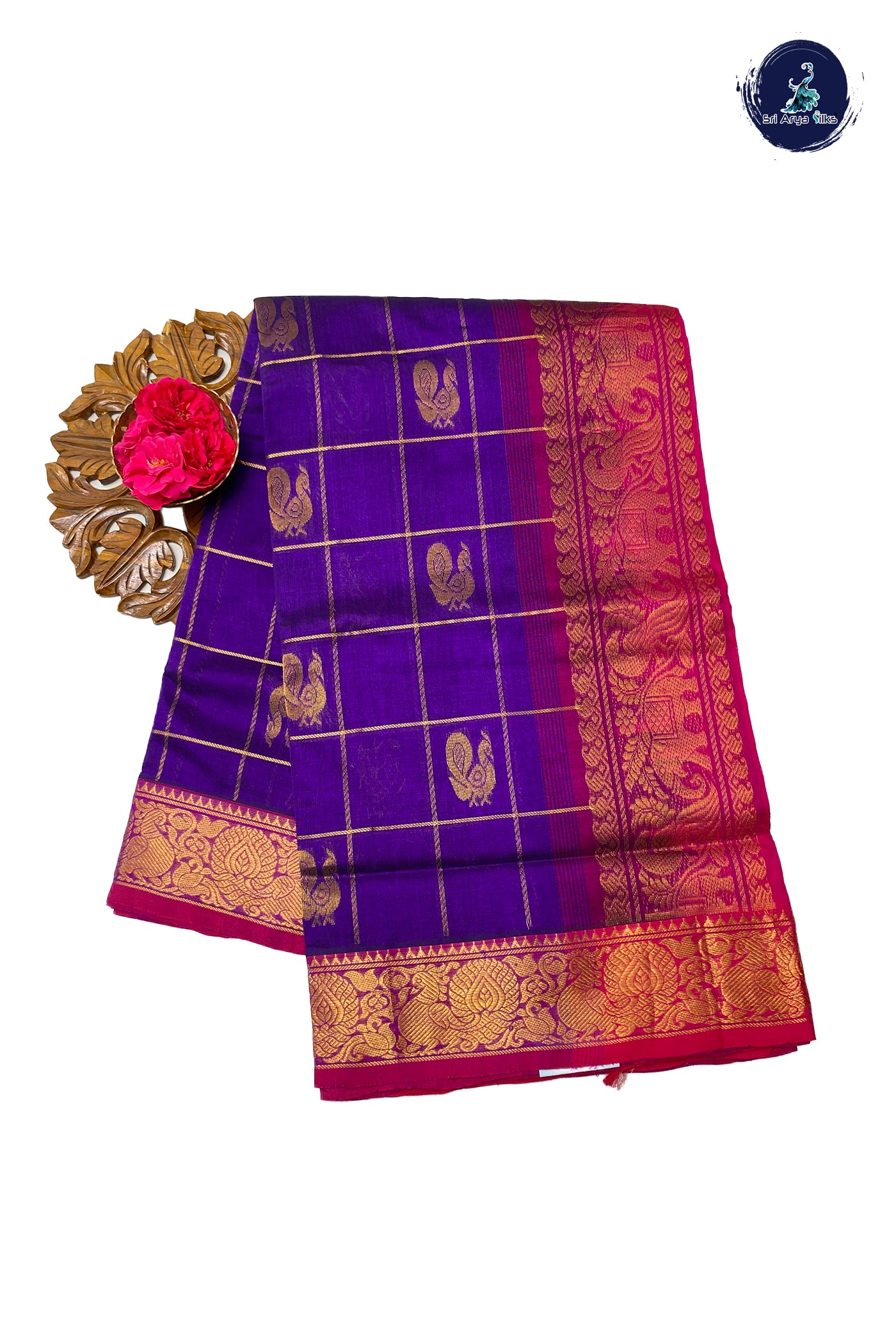 Violet Silk Cotton Saree With Zari Checked Pattern