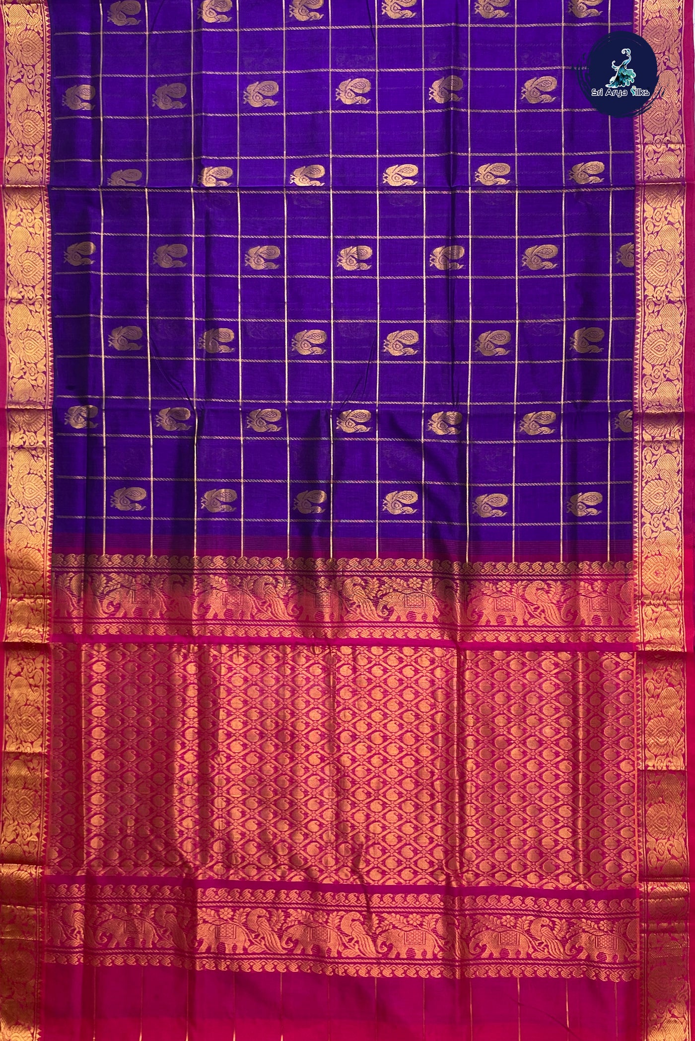 Violet Silk Cotton Saree With Zari Checked Pattern