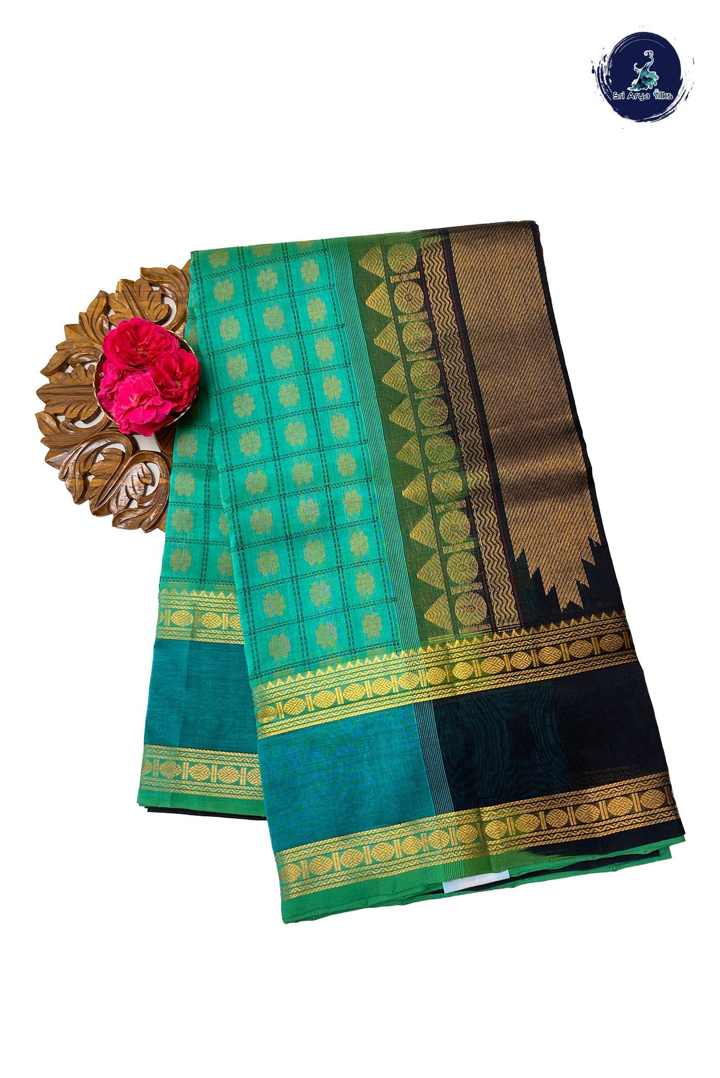 Sea Green Silk Cotton Saree With 1000 Butta Pattern