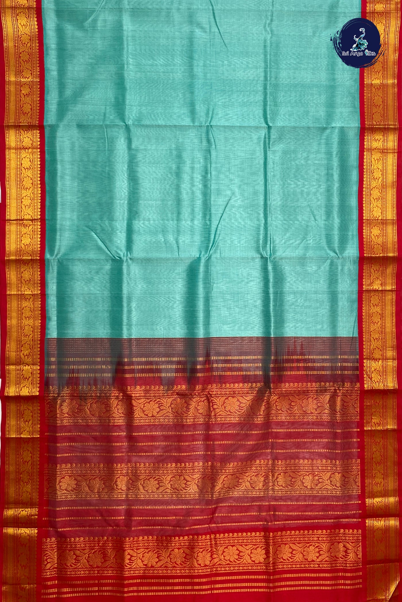 Sea Green Silk Cotton Saree With Plain Pattern