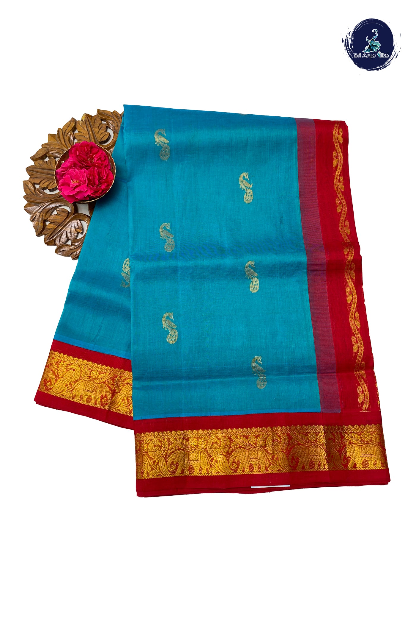 Turquoise Silk Cotton Saree With Zari Buttas Pattern