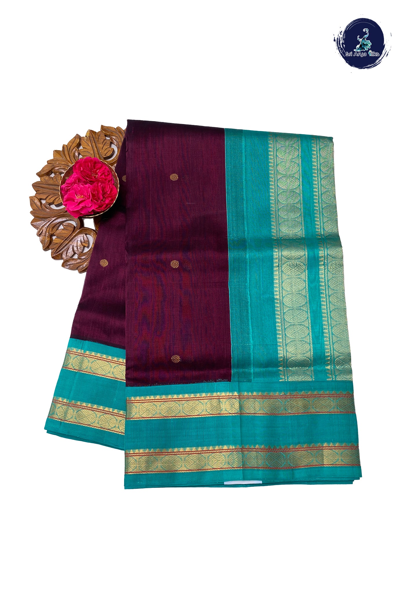 Dual Tone Wine Silk Cotton Saree With Zari Buttas Pattern