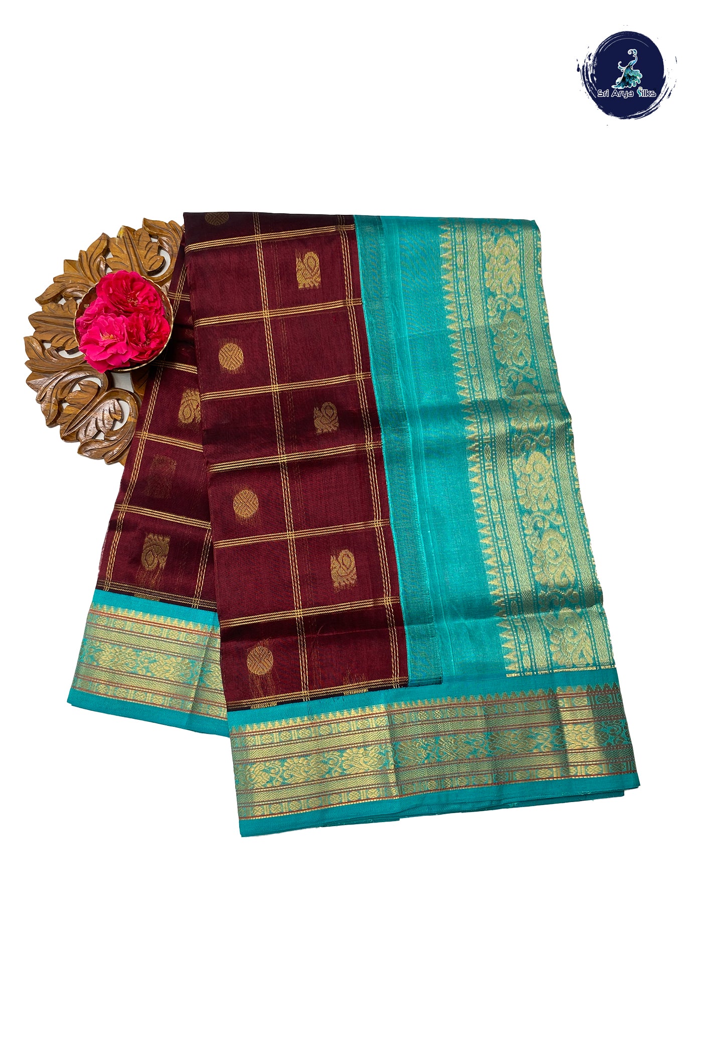 Brown Silk Cotton Saree With Zari Checked Pattern