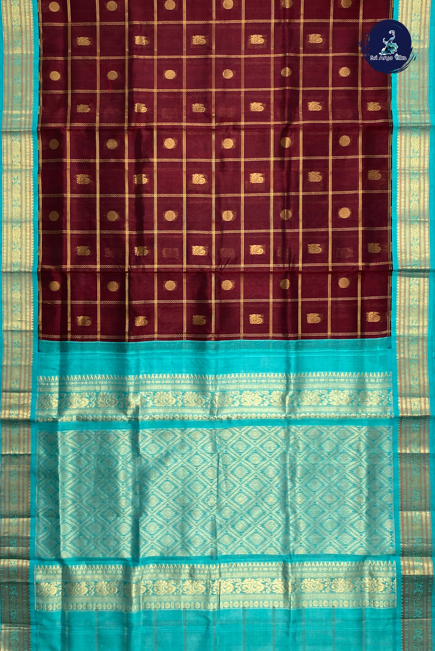 Brown Silk Cotton Saree With Zari Checked Pattern