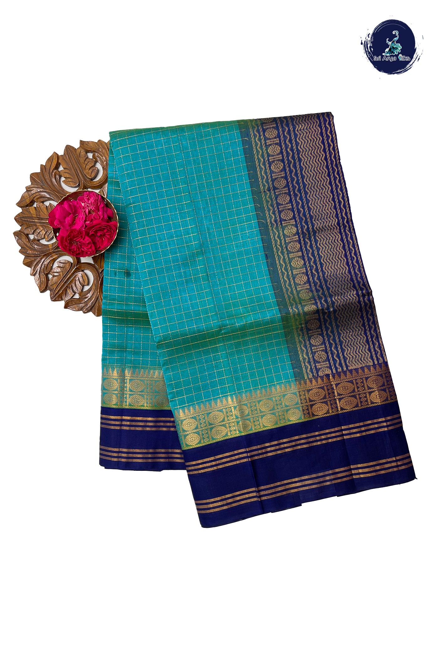 Turquoise Silk Cotton Saree With Zari Checked Pattern