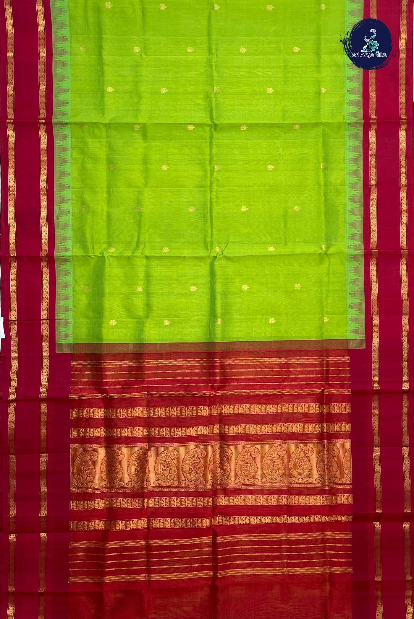 Lime Green Kuppadam Silk Cotton Saree With Zari Buttas Pattern