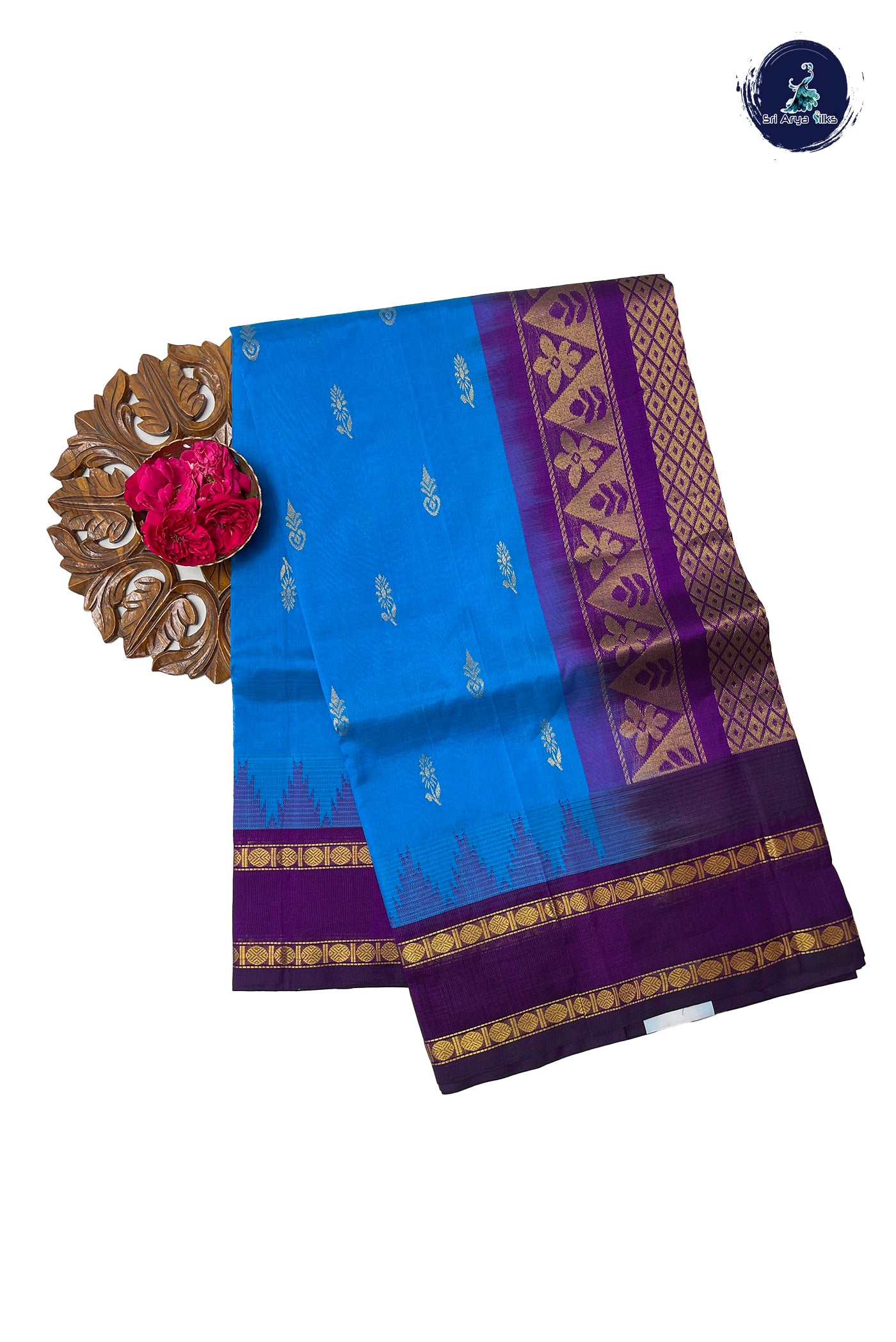 Copper Sulphate Blue Kuppadam Silk Cotton Saree With Zari Buttas Pattern
