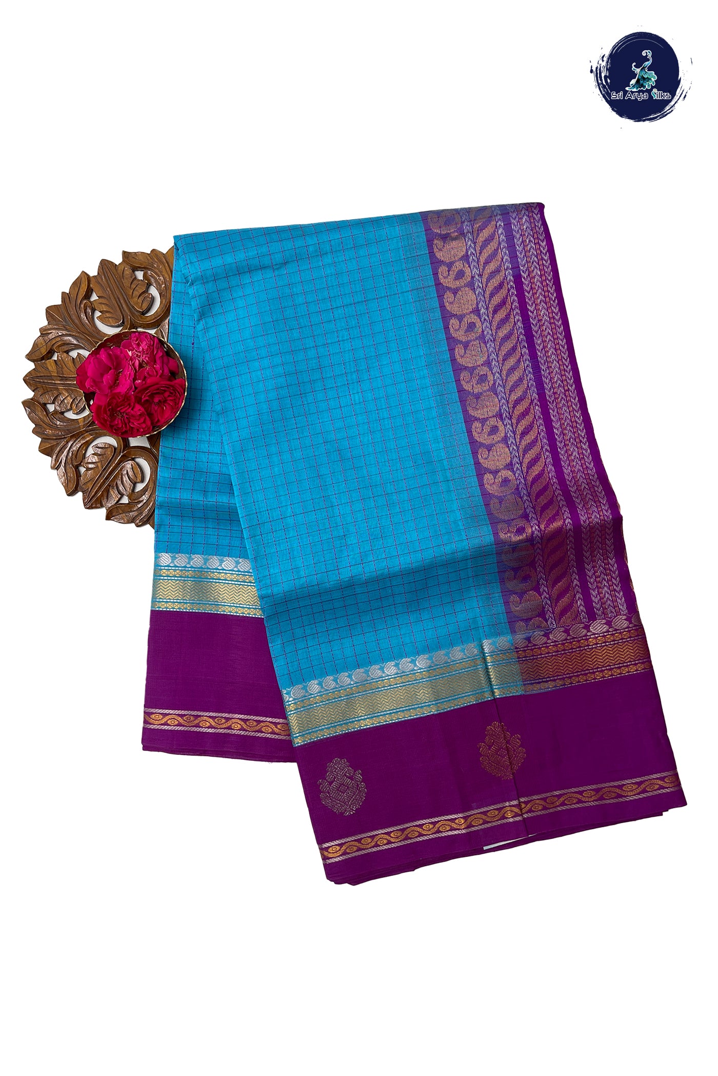 Light Blue Kuppadam Silk Cotton Saree With Zari Checked Pattern