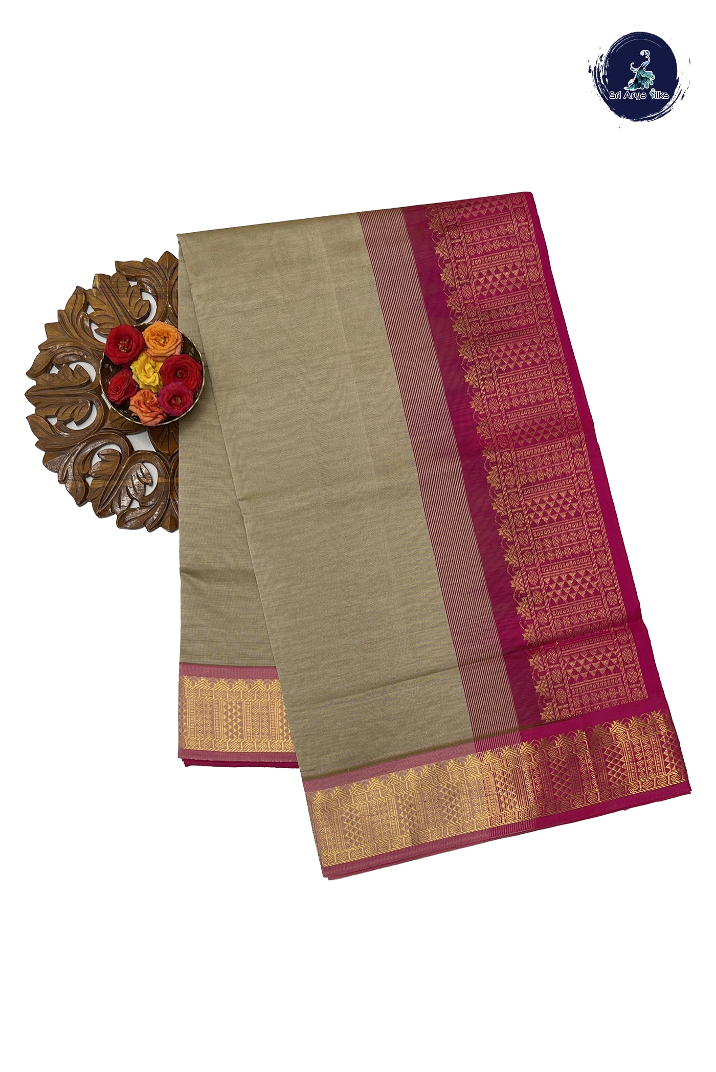 Beige Semi Silk Cotton Saree With Plain Pattern