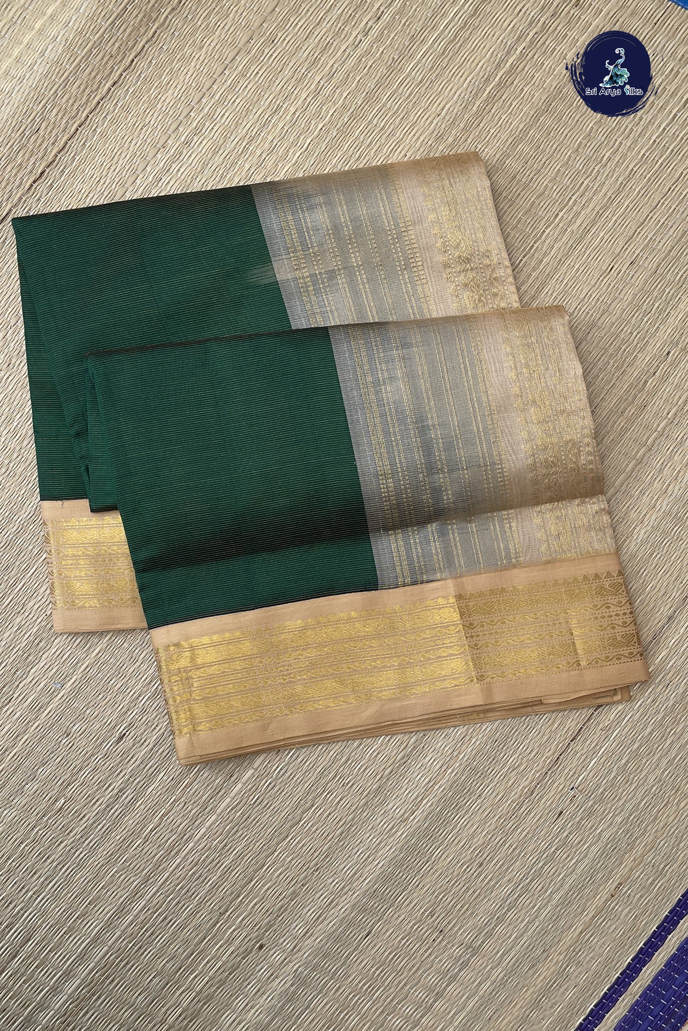 Bottle Green Korvai Silk Cotton Saree With Vaira Oosi Pattern