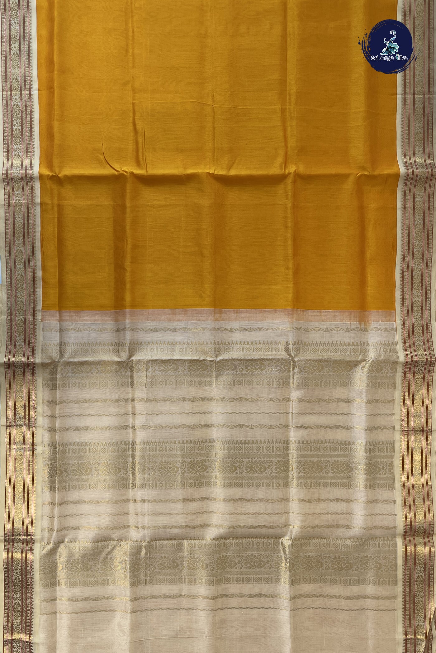 Mango Yellow Korvai Silk Cotton Saree With Plain Pattern