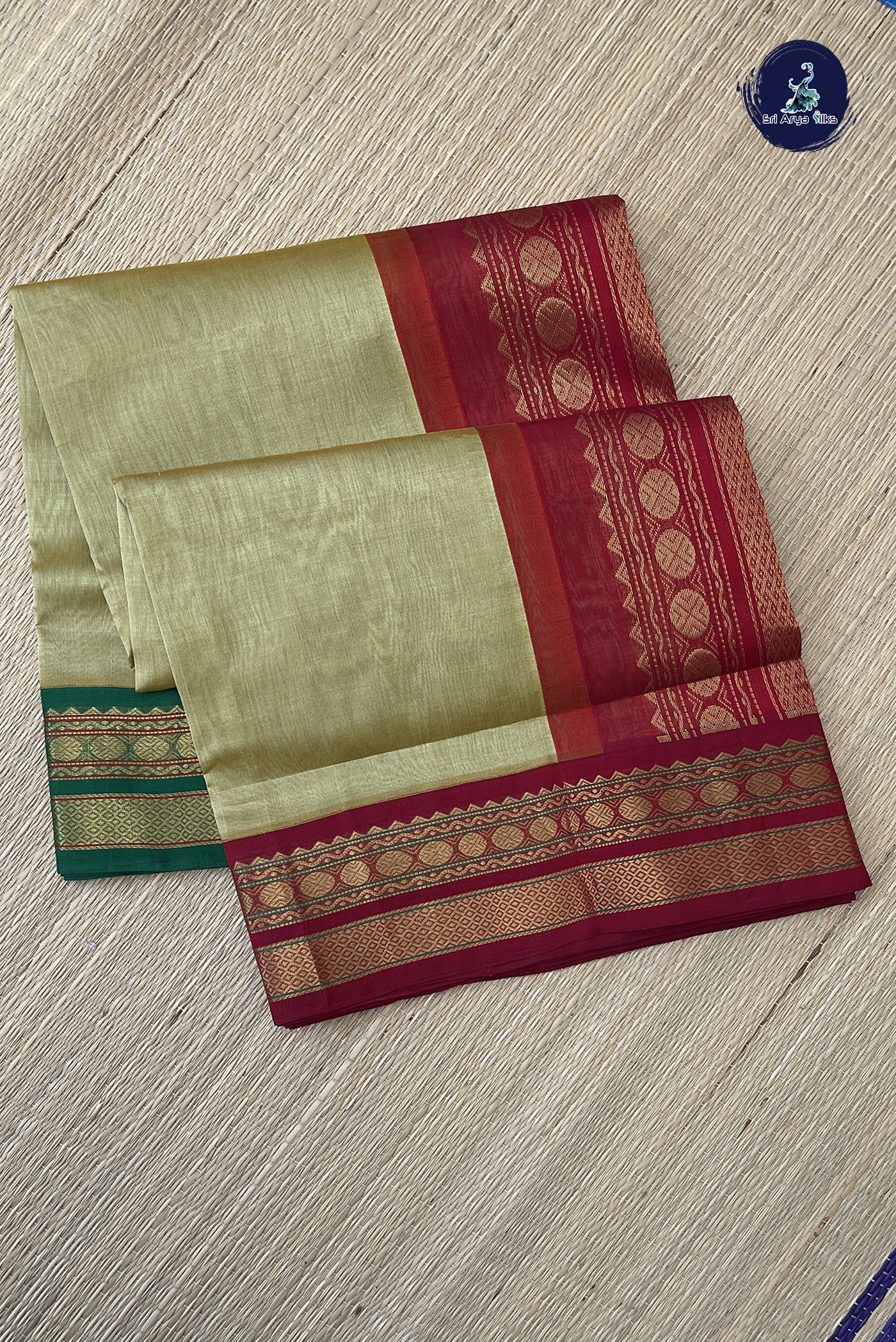 Khaki Korvai Silk Cotton Saree With Plain Pattern