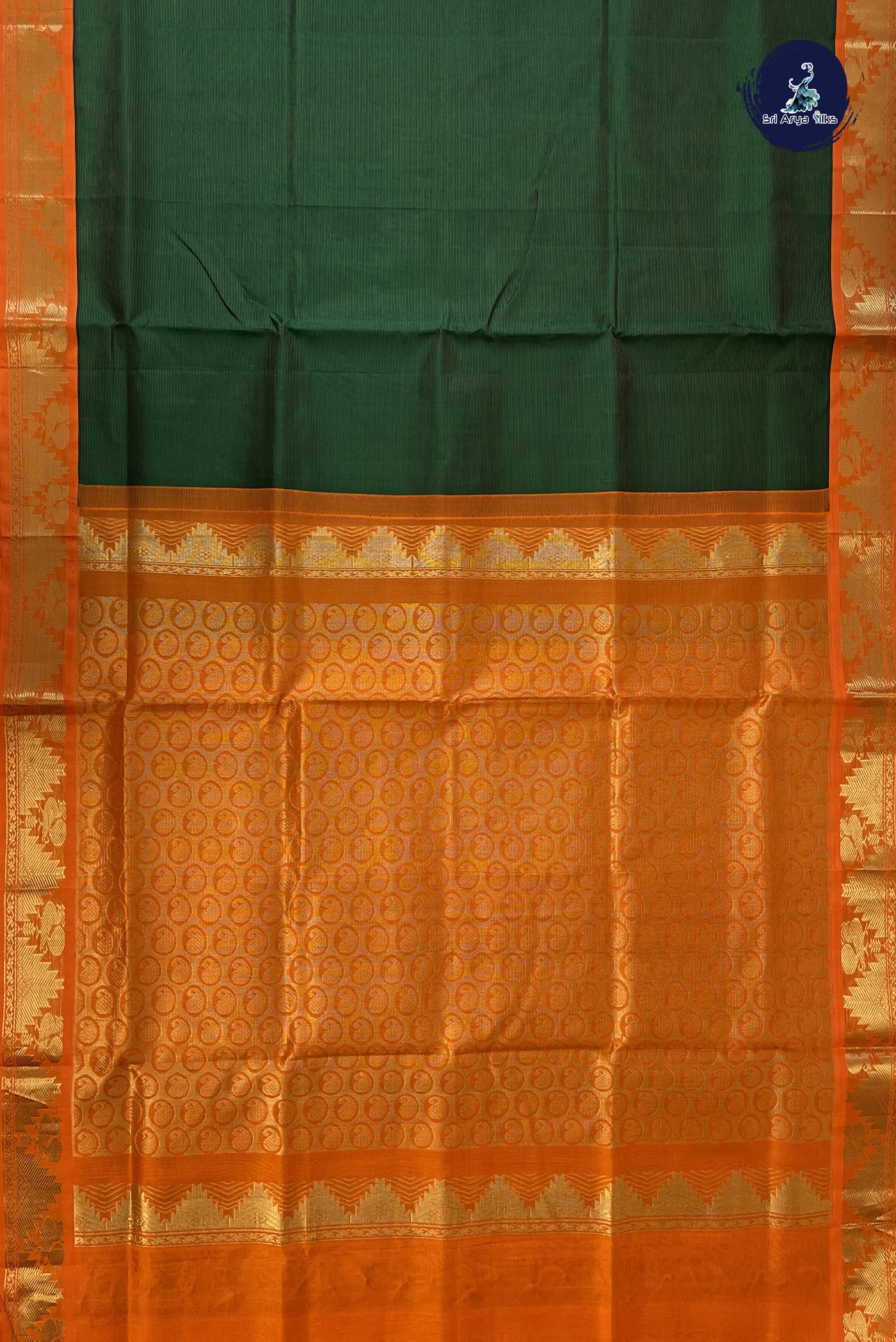 Bottle Green Korvai Silk Cotton Saree With Vaira Oosi Pattern