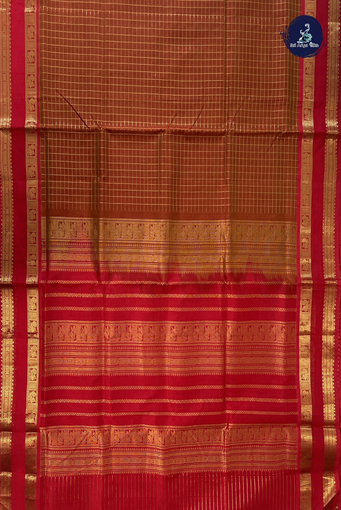 Rust Silk Cotton Saree With Zari Checked Pattern