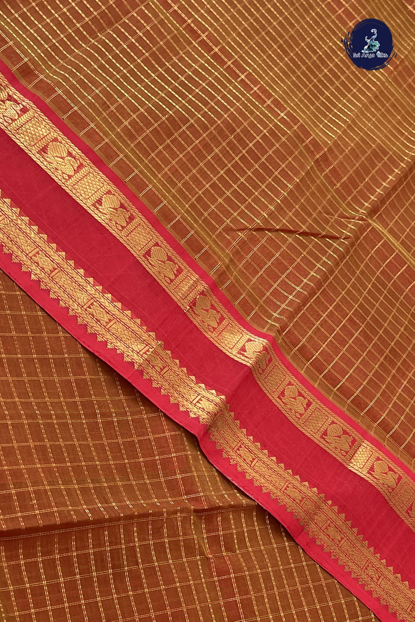 Rust Silk Cotton Saree With Zari Checked Pattern