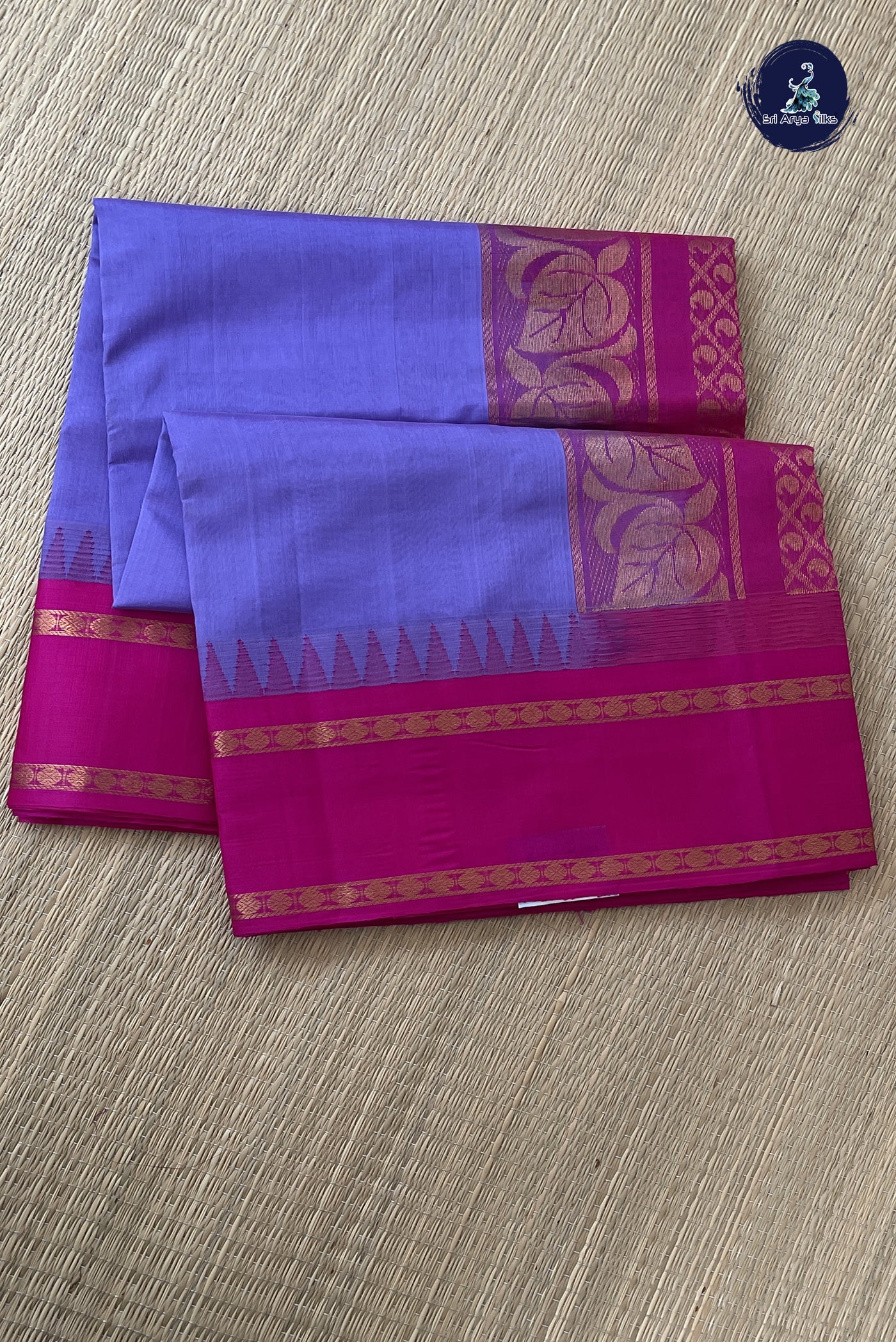 Lavender Korvai Silk Cotton Saree With Plain Pattern