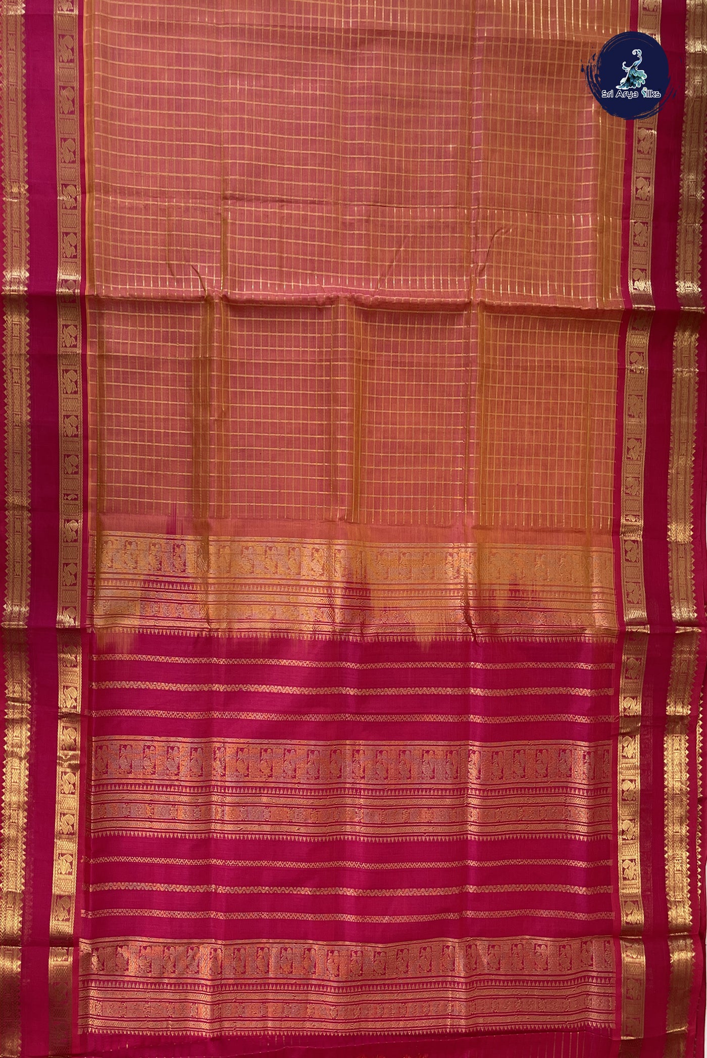 Dusty Orange Silk Cotton Saree With Zari Checked Pattern