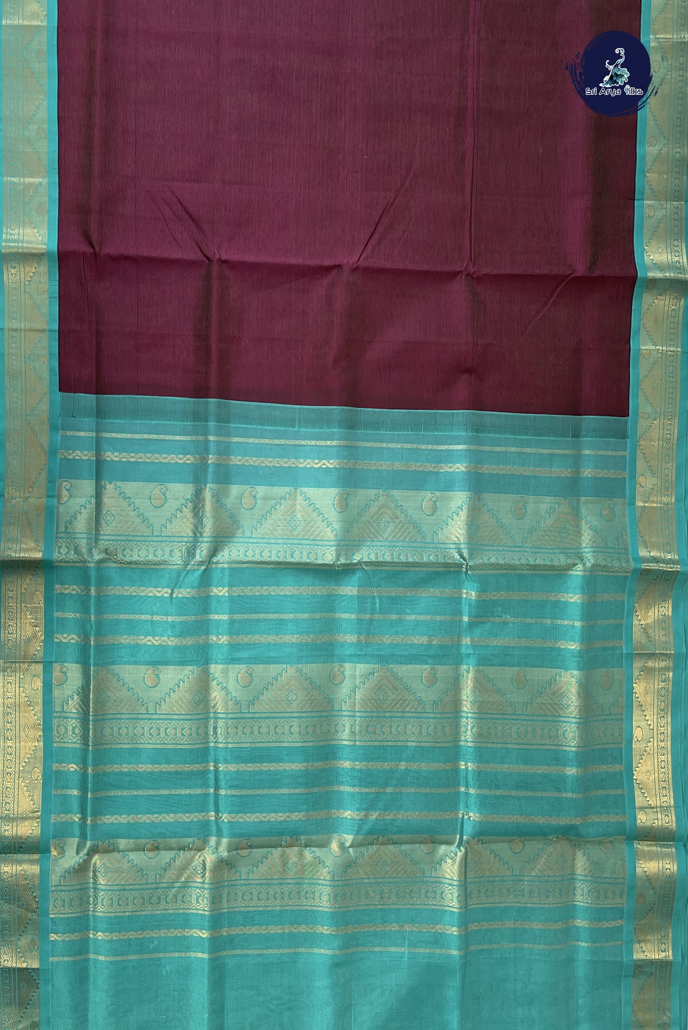 Burgundy Korvai Silk Cotton Saree With Vaira Oosi Pattern