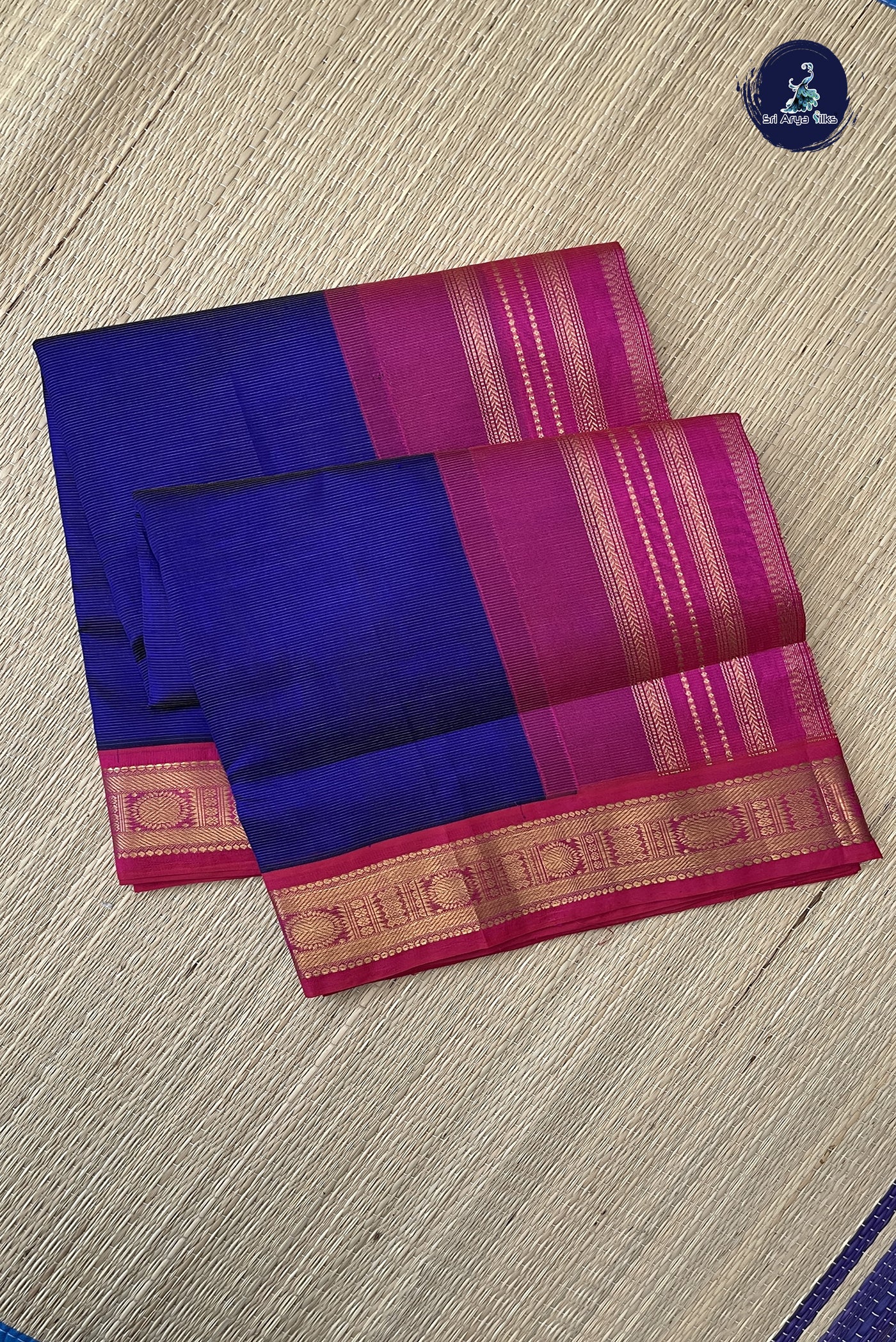 MS Blue Korvai Silk Cotton Saree With Vaira Oosi Pattern