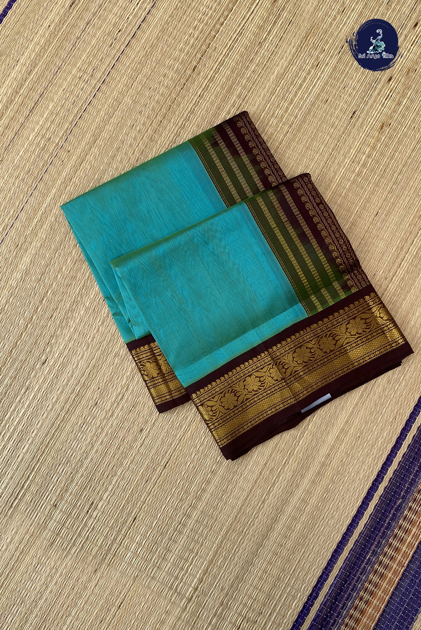 Turquoise Korvai Silk Cotton Saree With Plain Pattern