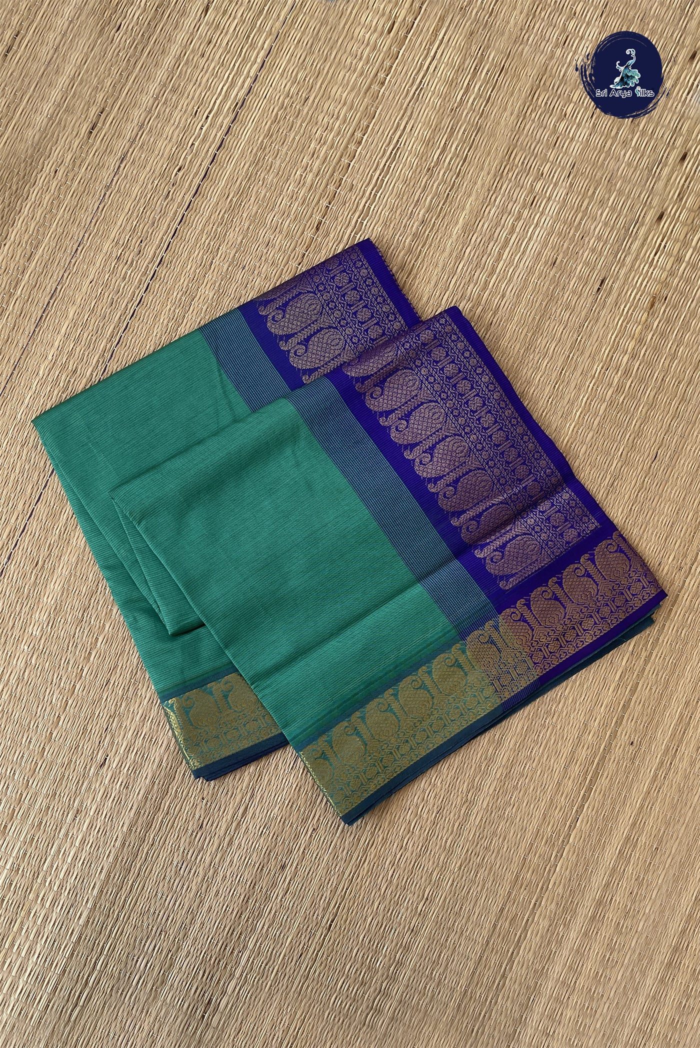 Turquoise Semi Silk Cotton Saree With Vaira Oosi Pattern