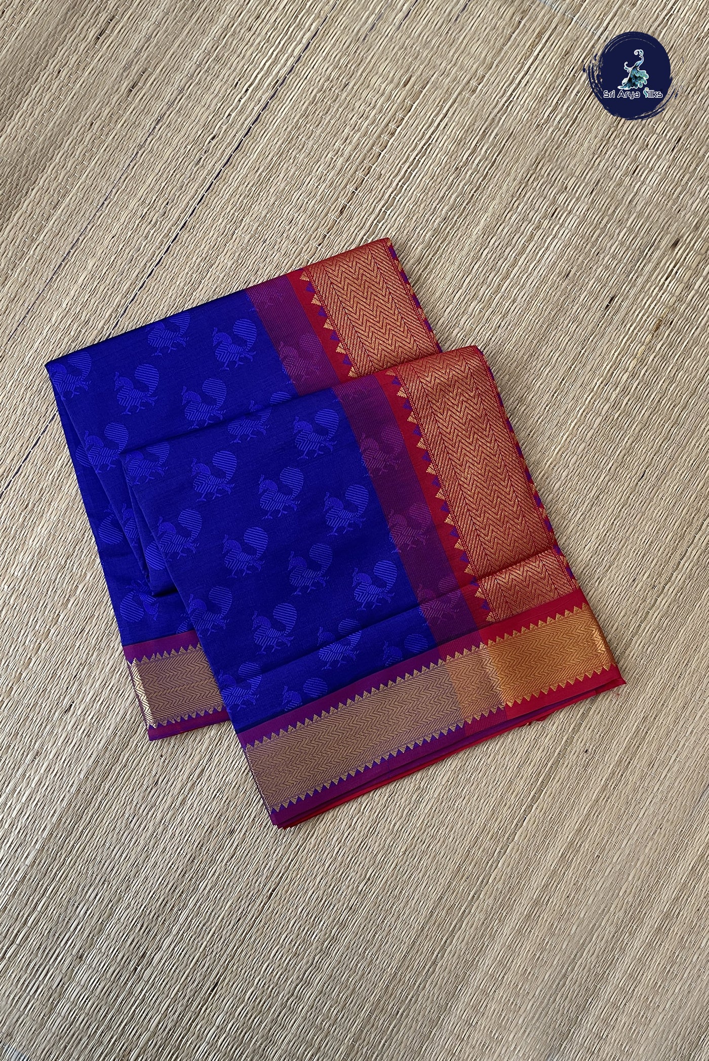 Royal Blue Semi Silk Cotton Saree With Embossed Pattern