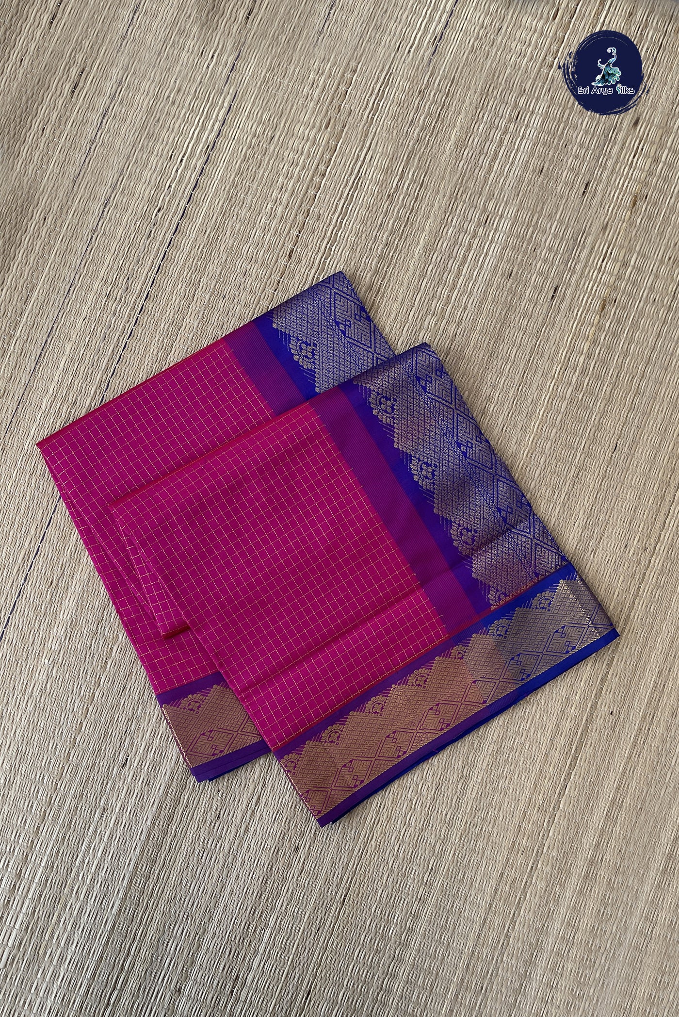 Dark Pink Semi Silk Cotton Saree With Zari Checked Pattern
