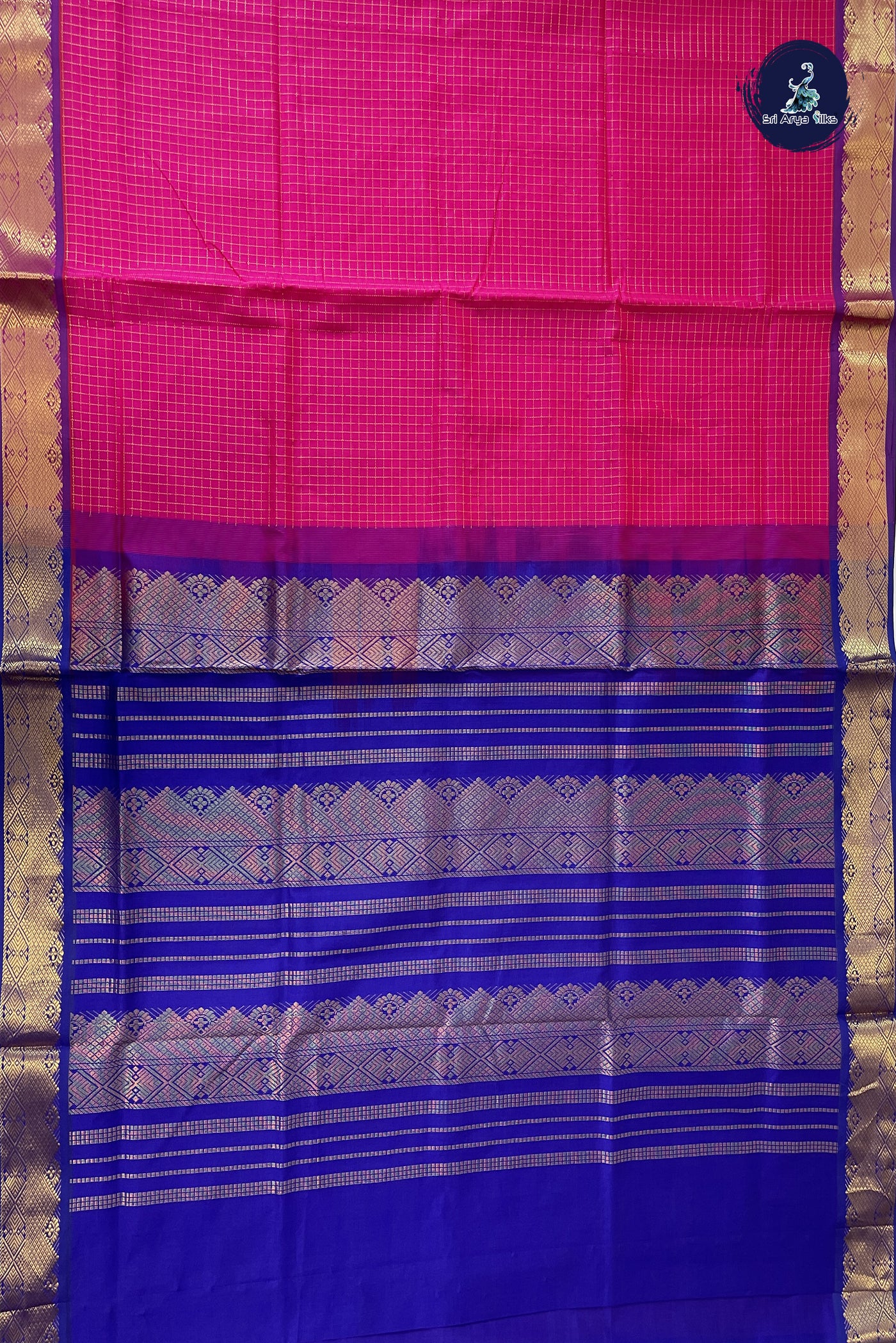 Dark Pink Semi Silk Cotton Saree With Zari Checked Pattern
