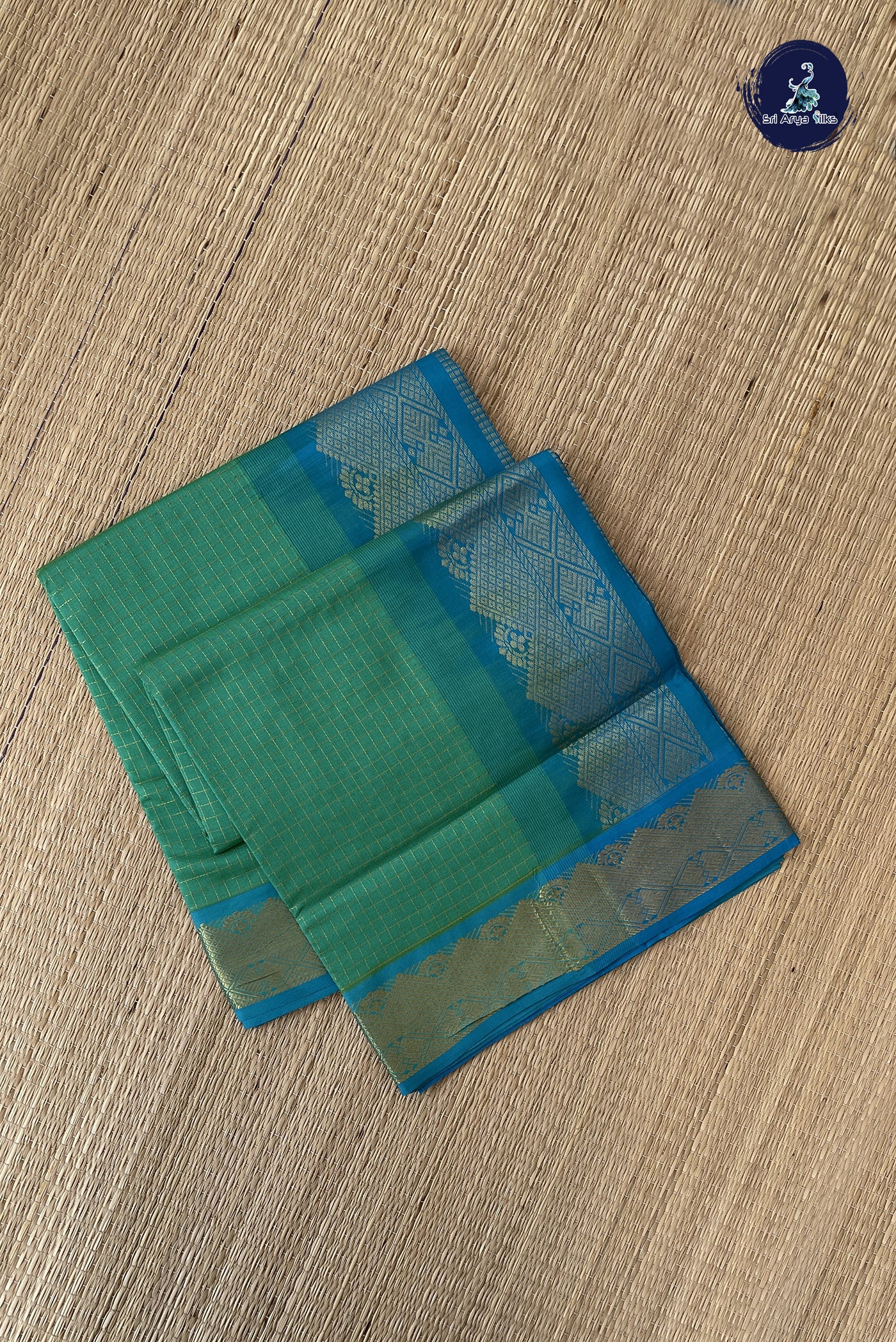 Sea Green Semi Silk Cotton Saree With Zari Checked Pattern