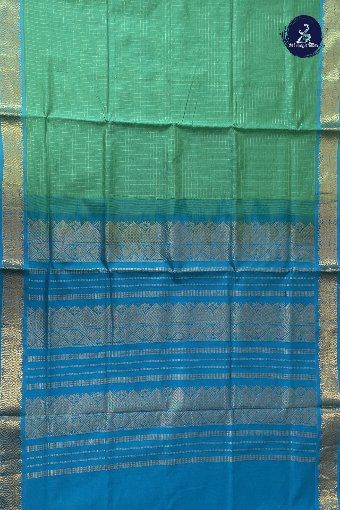 Sea Green Semi Silk Cotton Saree With Zari Checked Pattern