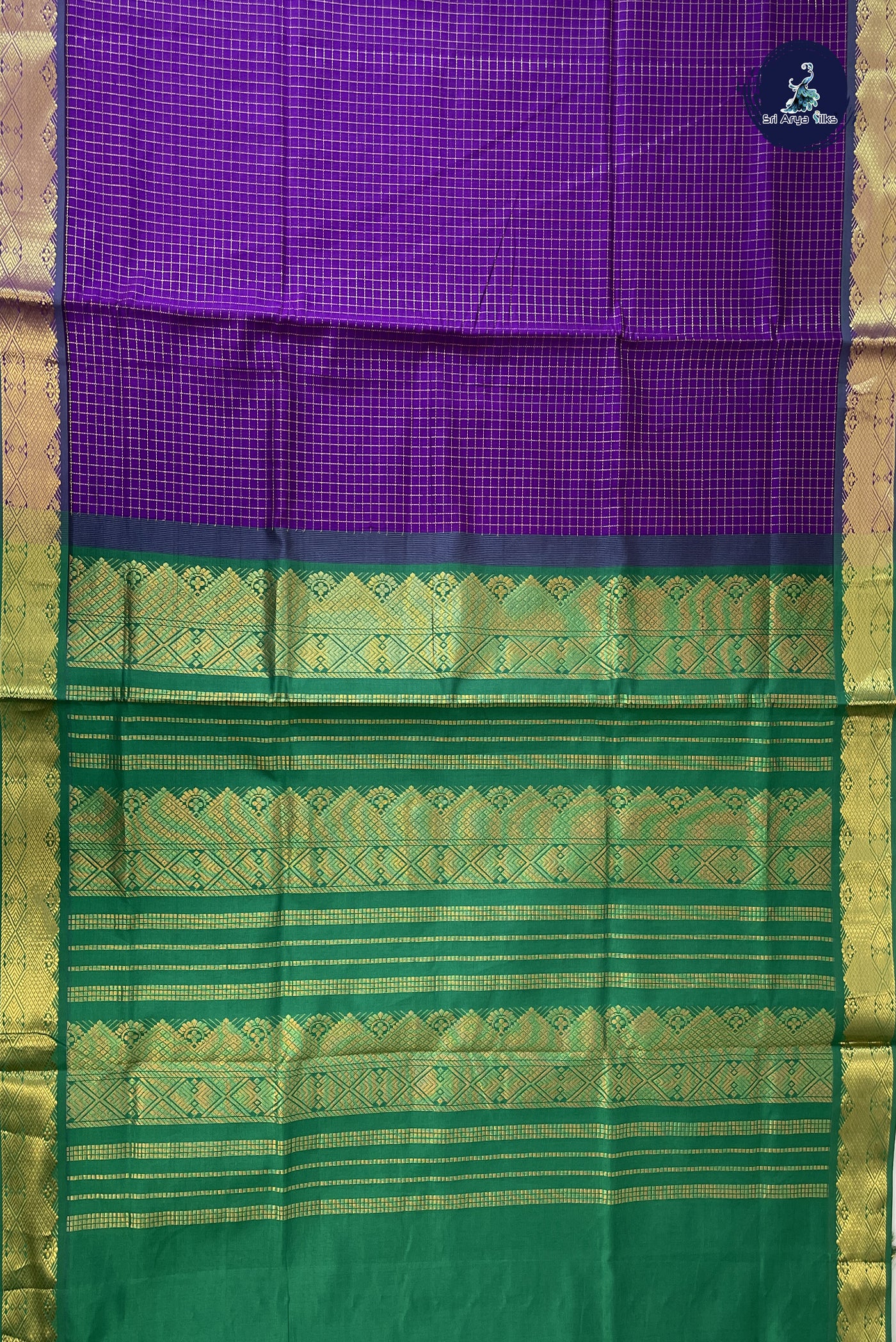 Dark Brinjal Semi Silk Cotton Saree With Zari Checked Pattern
