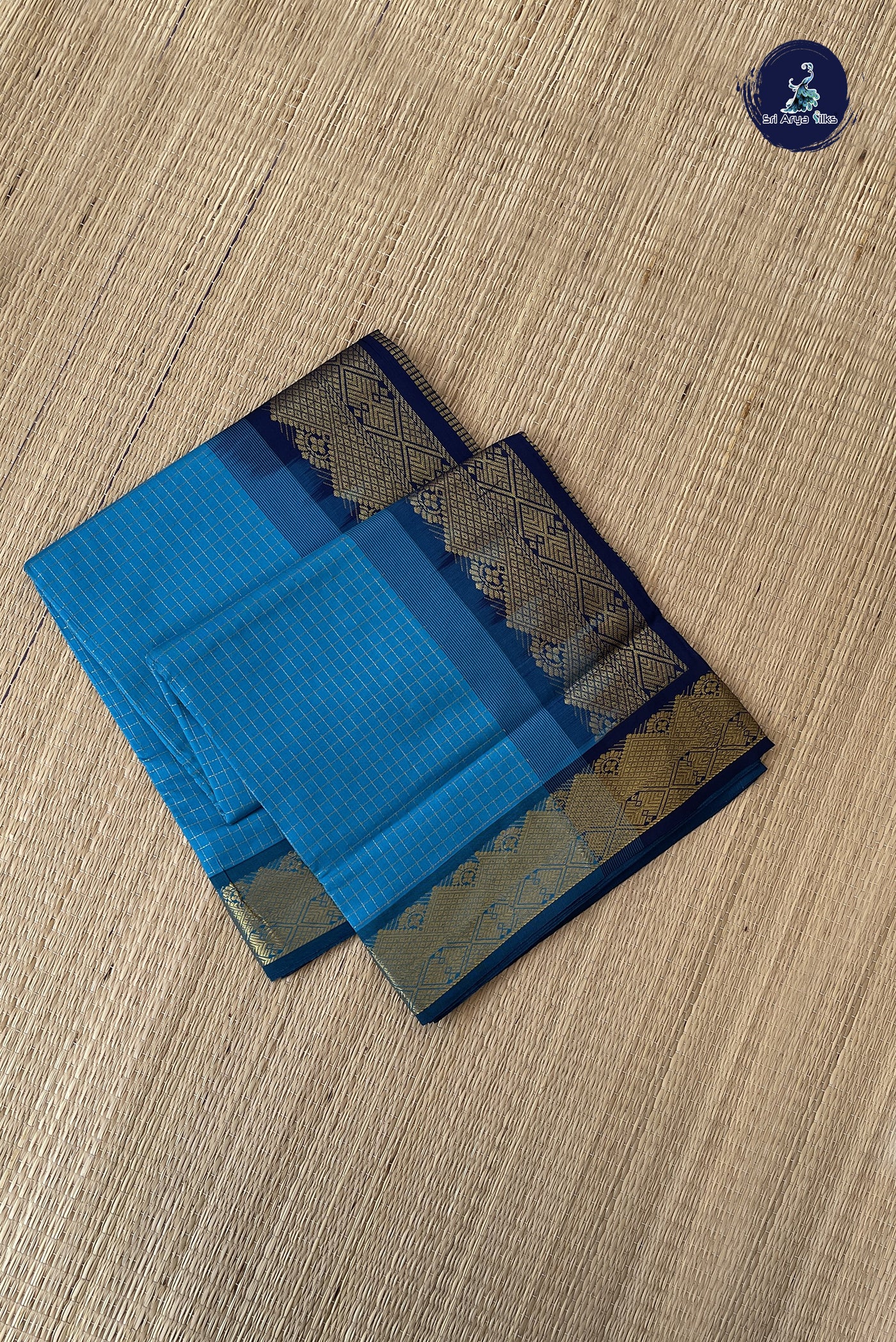 Light Blue Semi Silk Cotton Saree With Zari Checked Pattern