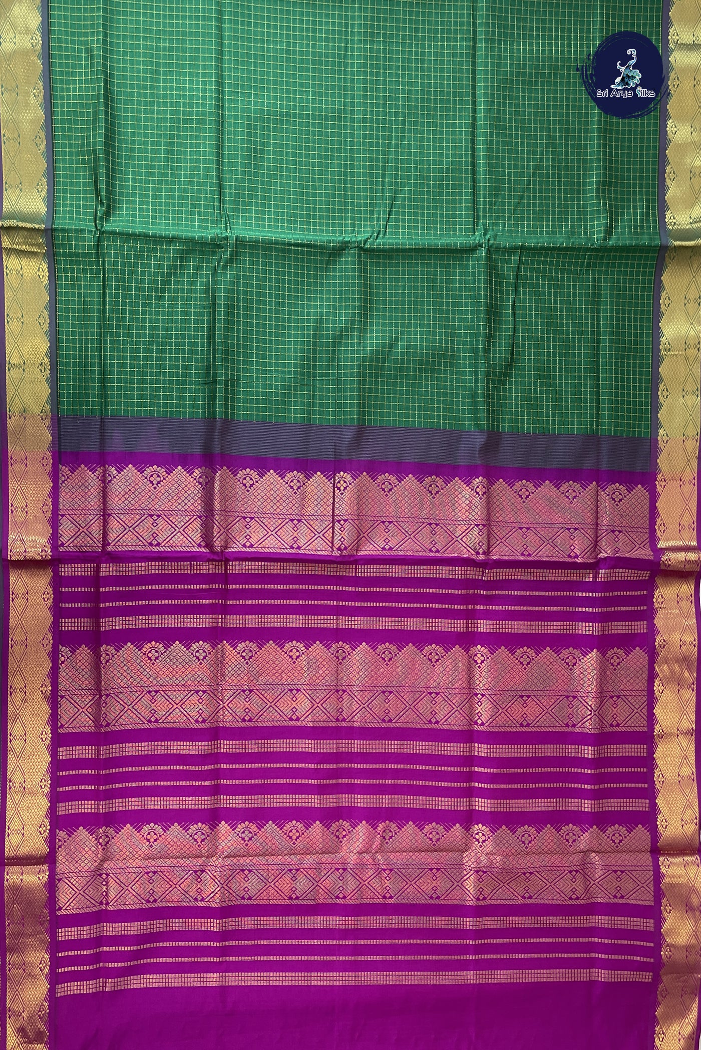 Dark Green Semi Silk Cotton Saree With Zari Checked Pattern