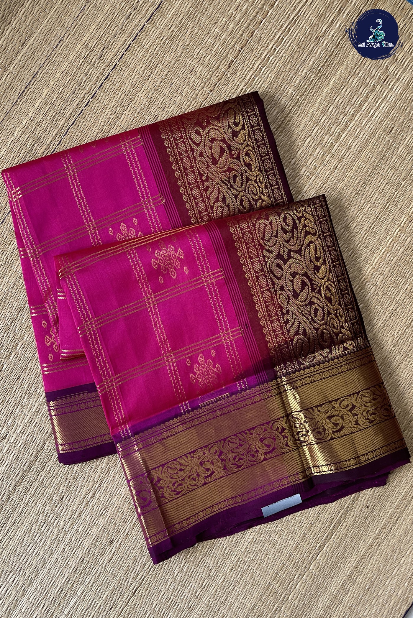 Rani Pink Kuppadam Silk Cotton Saree With Zari Checked Pattern