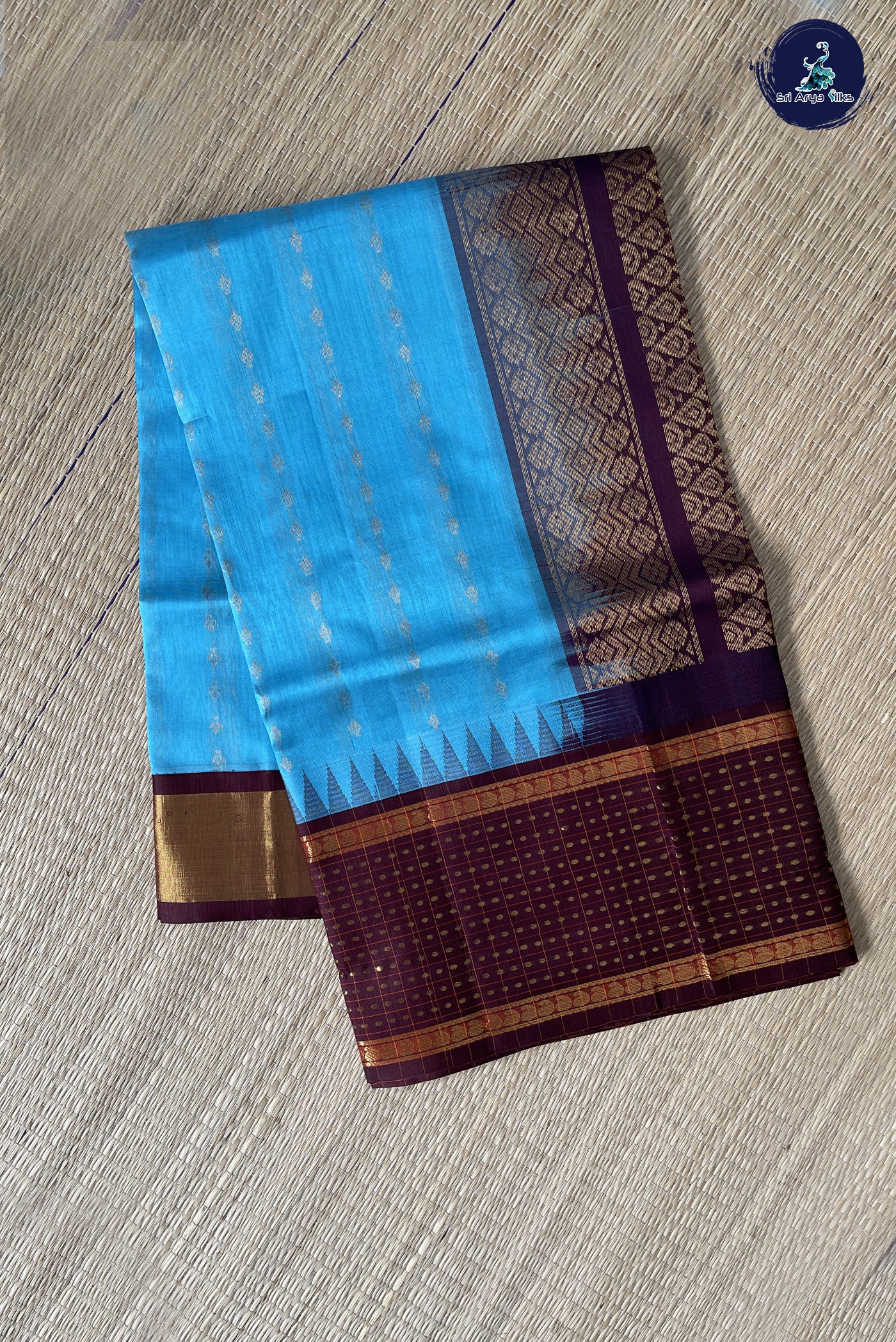 Sky Blue Kuppadam Silk Cotton Saree With Zari Buttas Pattern