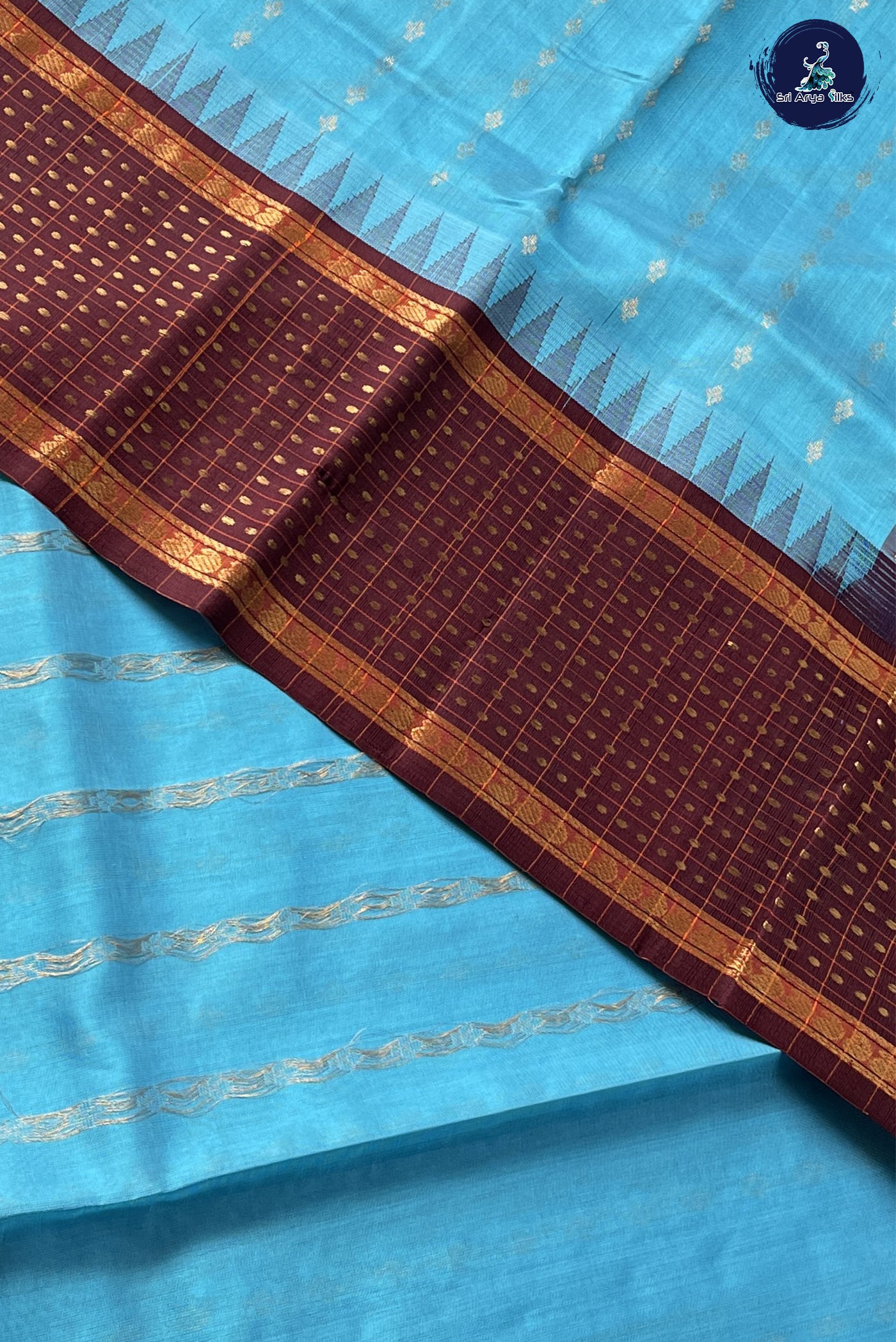 Sky Blue Kuppadam Silk Cotton Saree With Zari Buttas Pattern