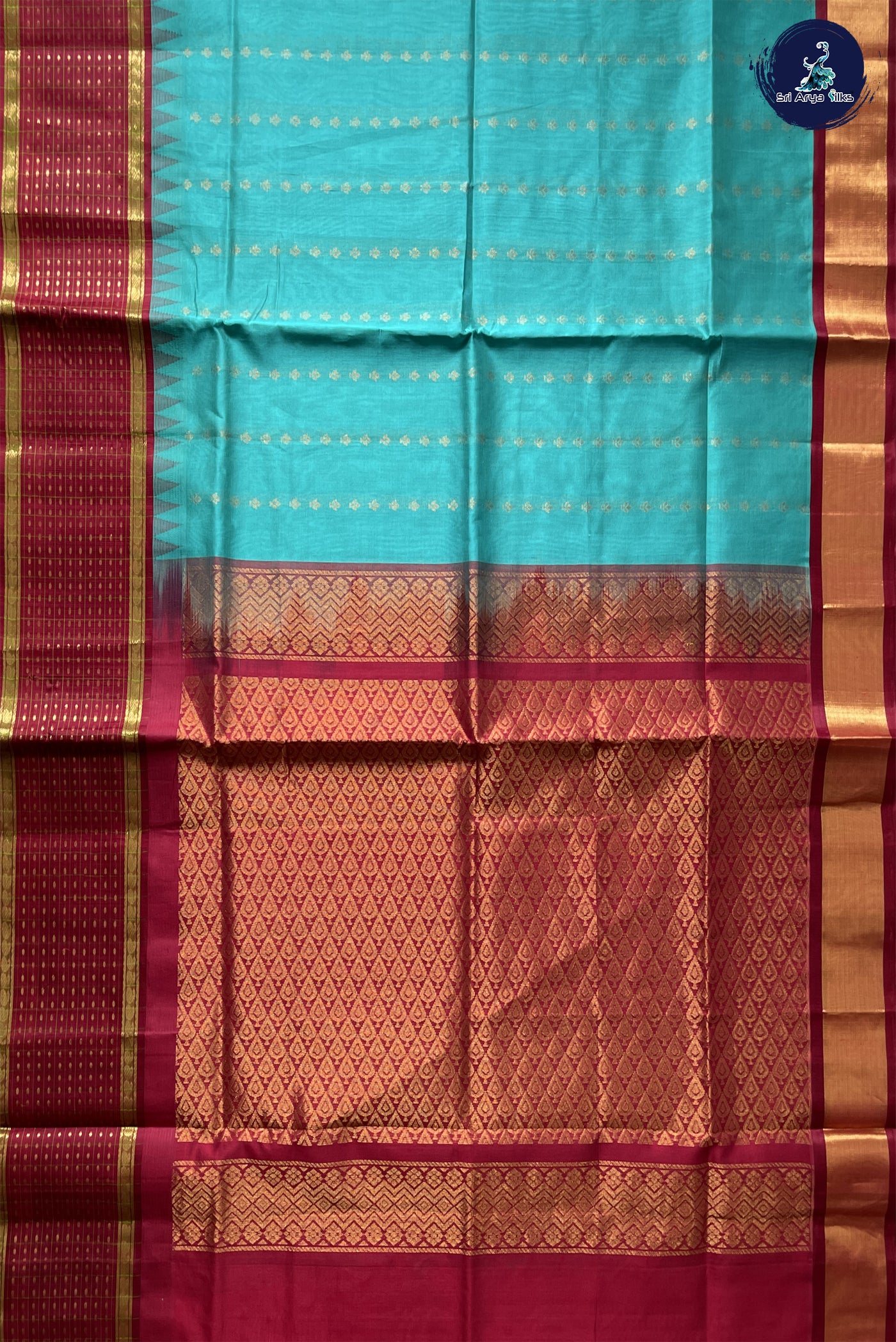 Turquoise Kuppadam Silk Cotton Saree With Zari Buttas Pattern