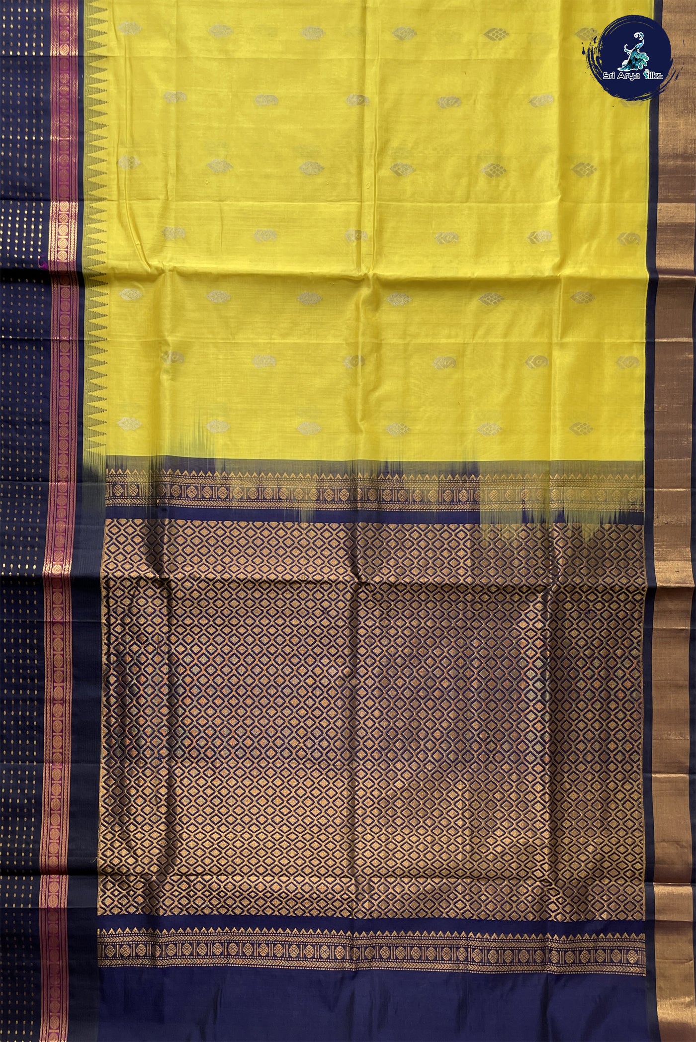 Lemon Yellow Kuppadam Silk Cotton Saree With Zari Buttas Pattern