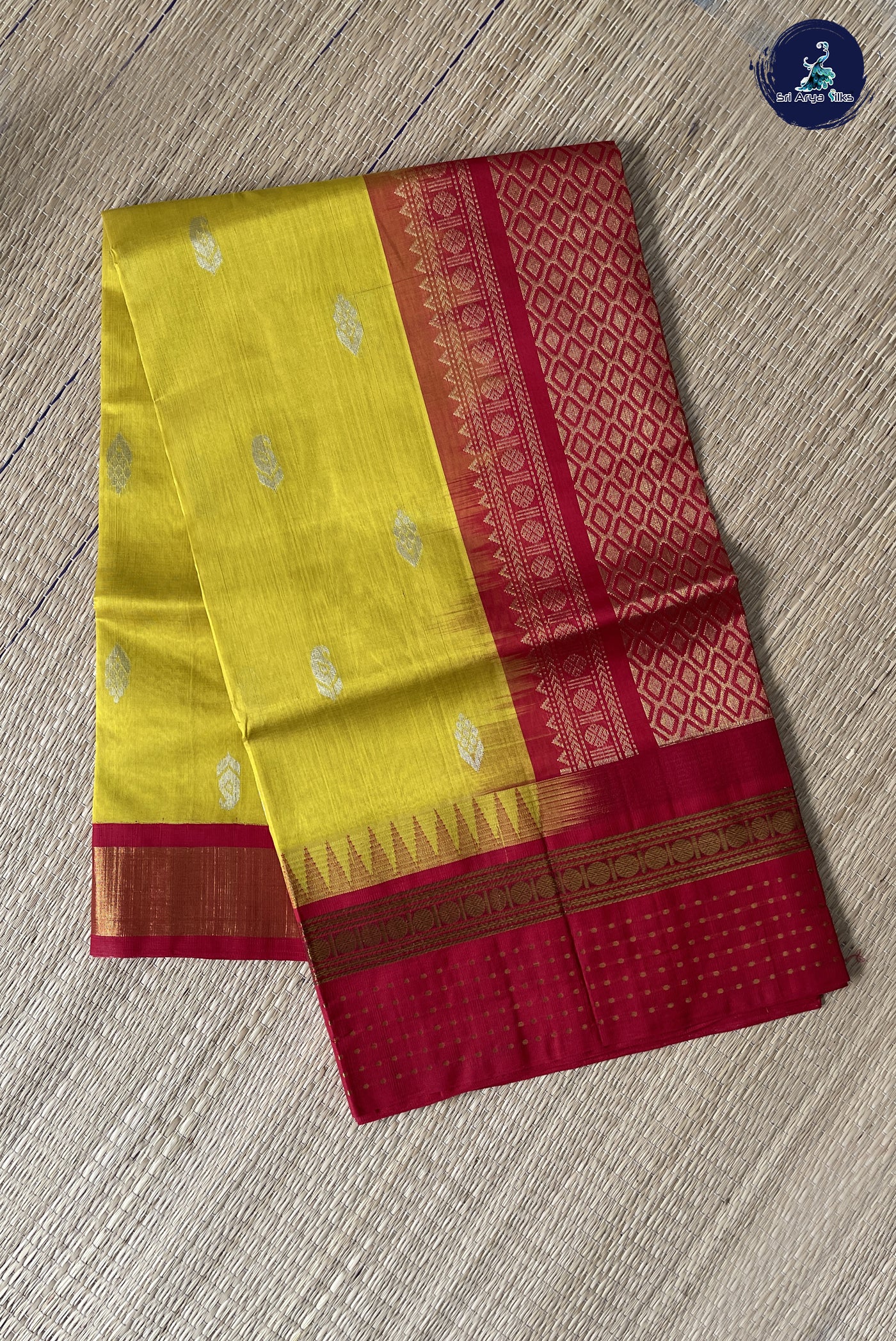 Lemon Yellow Kuppadam Silk Cotton Saree With Zari Buttas Pattern