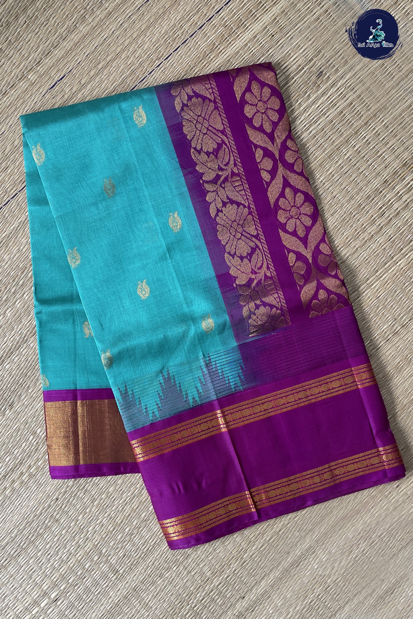 Turquoise Kuppadam Silk Cotton Saree With Zari Buttas Pattern