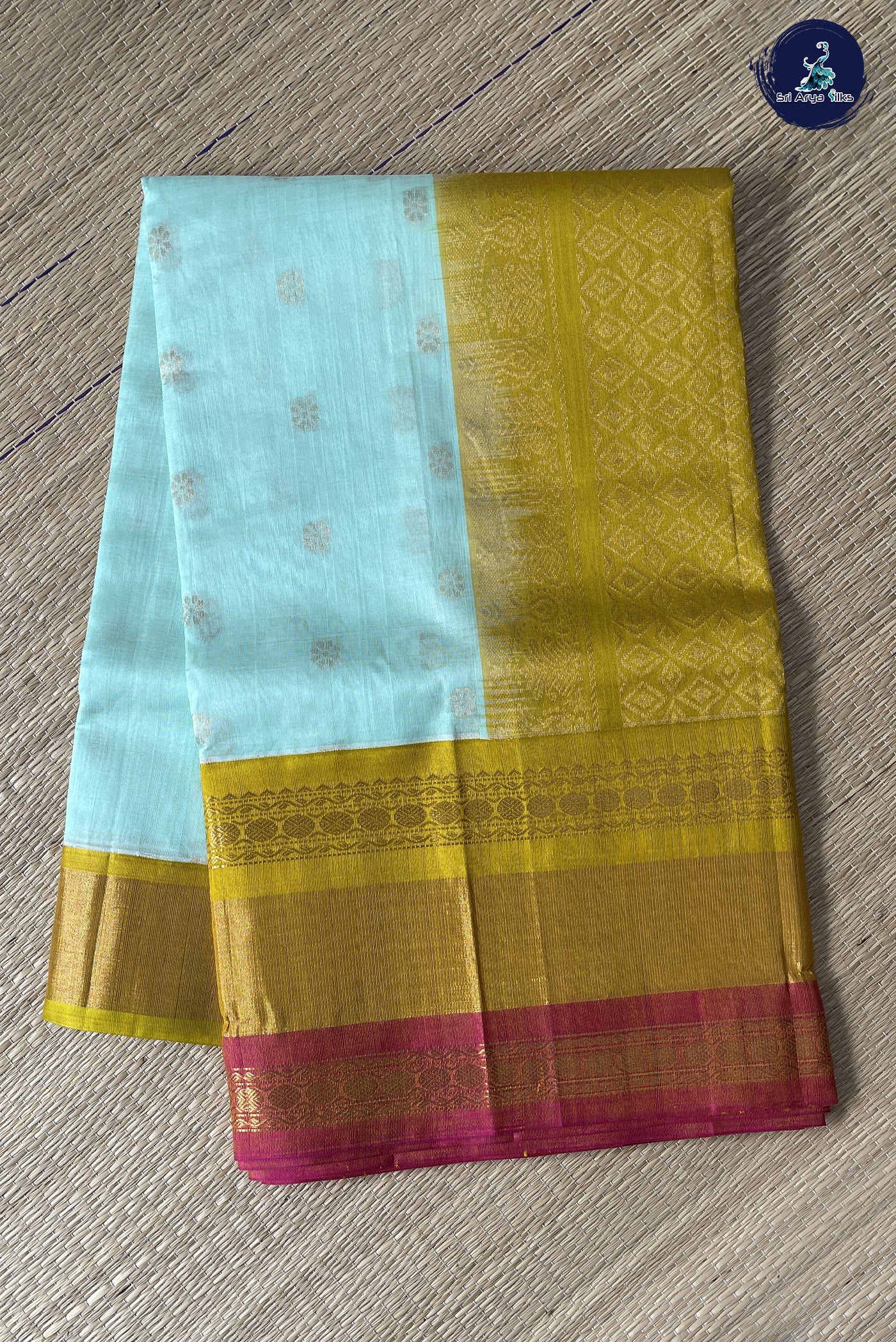 Pastel Green Kuppadam Silk Cotton Saree With Zari Buttas Pattern