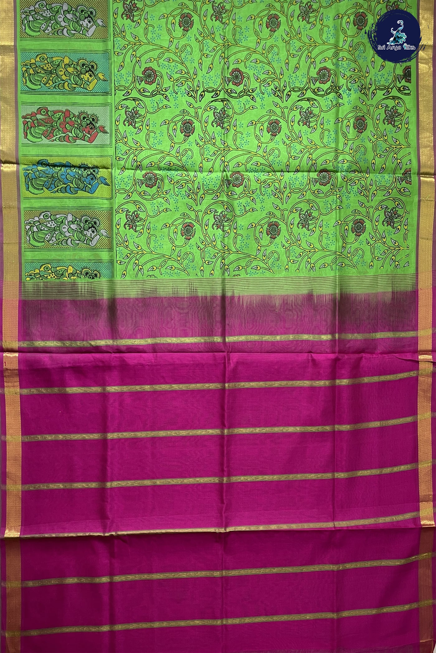 Parrot Green Kalamkari Saree With Kalamkari Pattern
