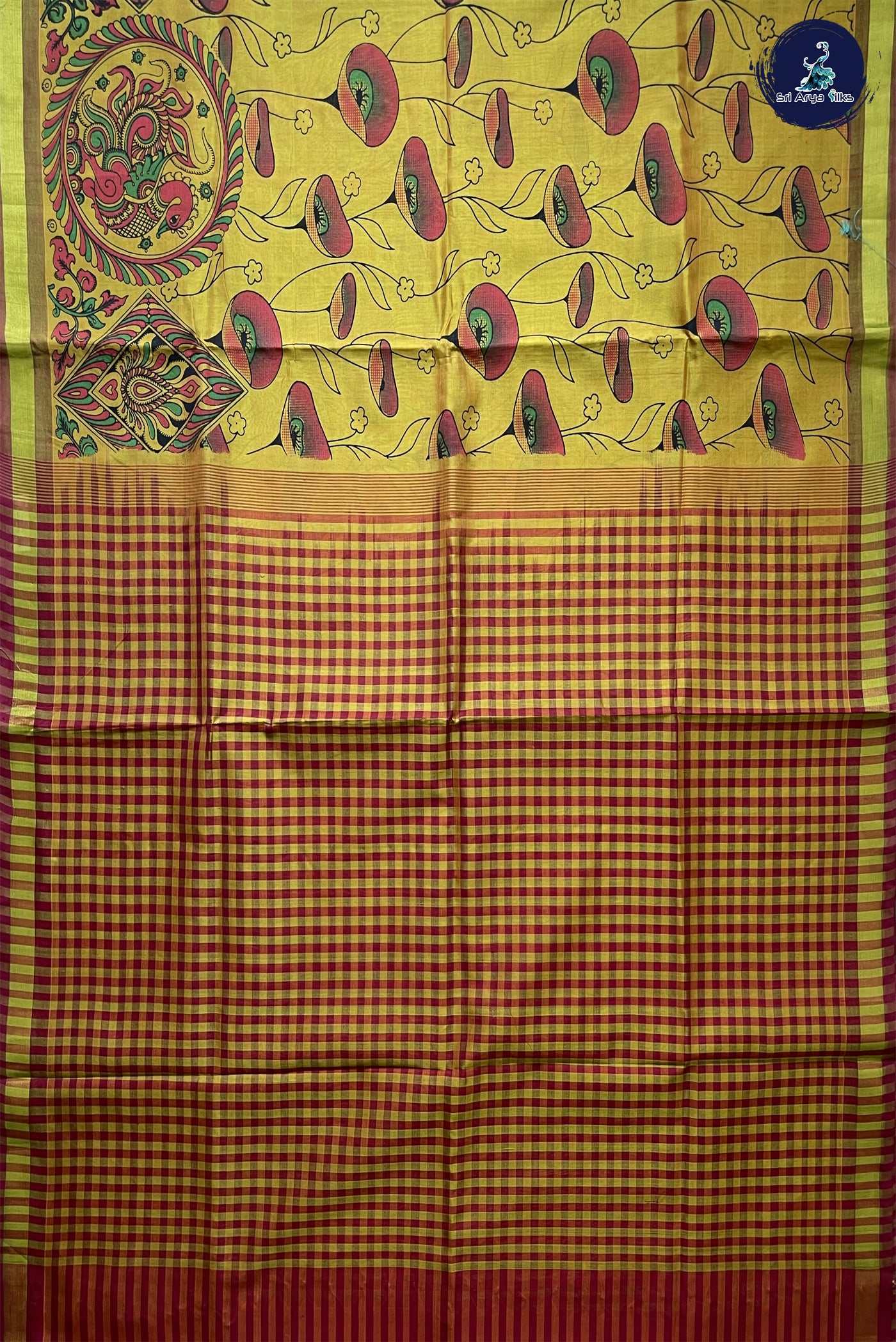 Golden Mustard Kalamkari Saree With Kalamkari Pattern