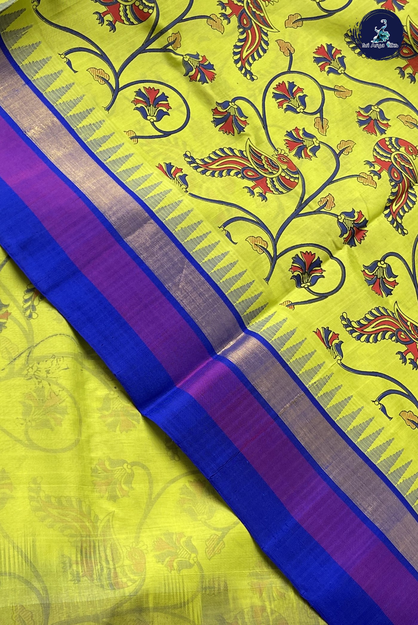 Lime Green Kalamkari Saree With Kalamkari Pattern