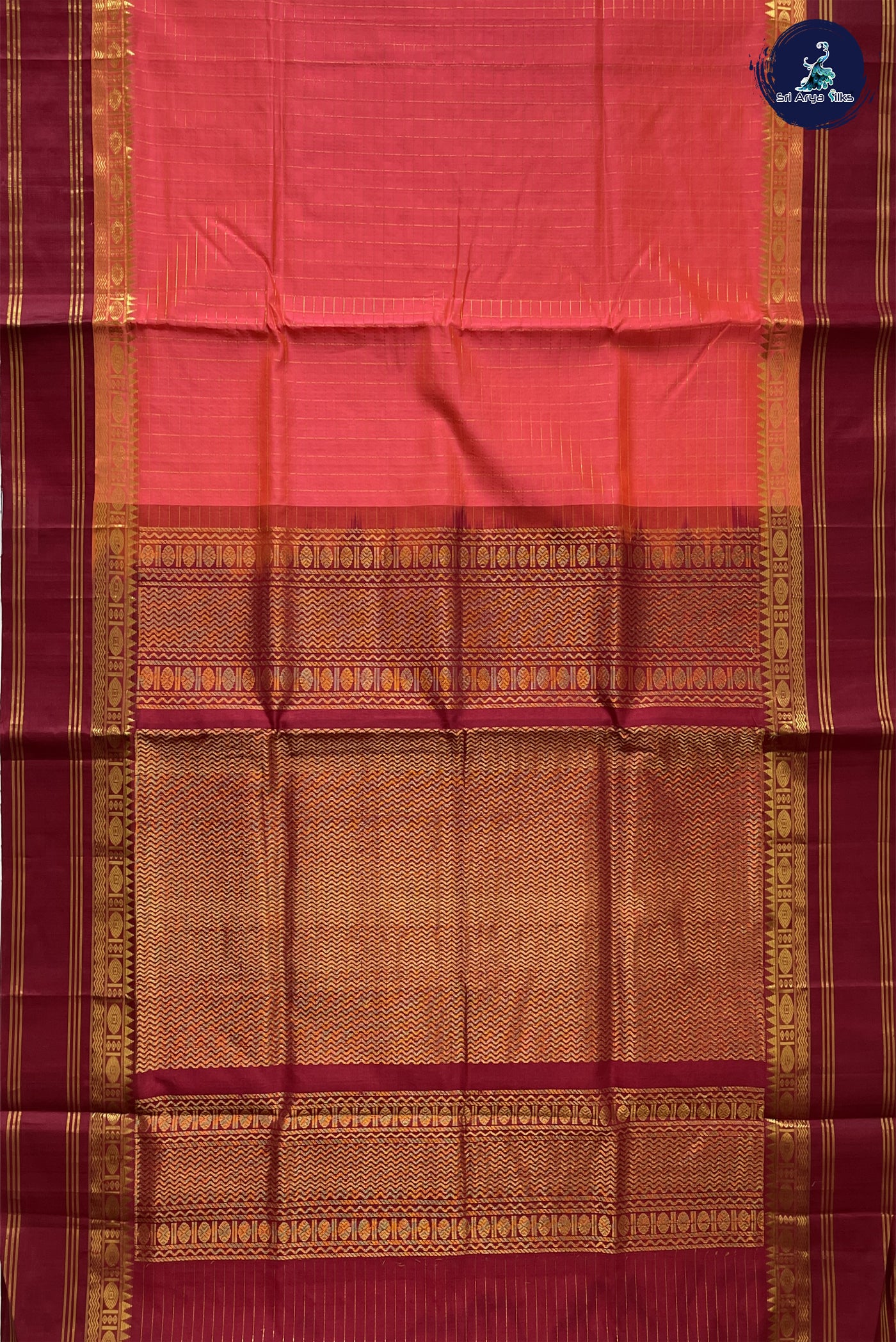 Light Orange Korvai Silk Cotton Saree With Zari Checked Pattern