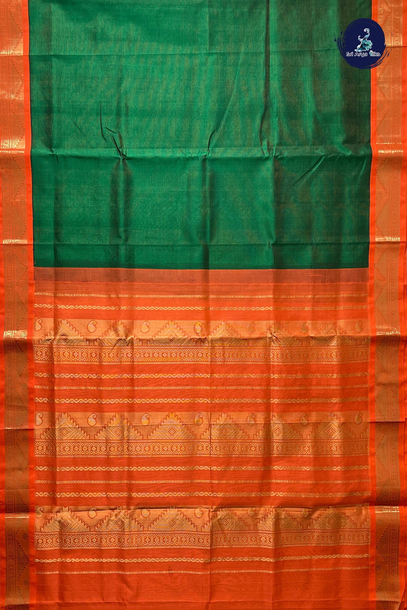 Bottle Green Vaira Oosi Silk Cotton Saree With Vaira Oosi Pattern