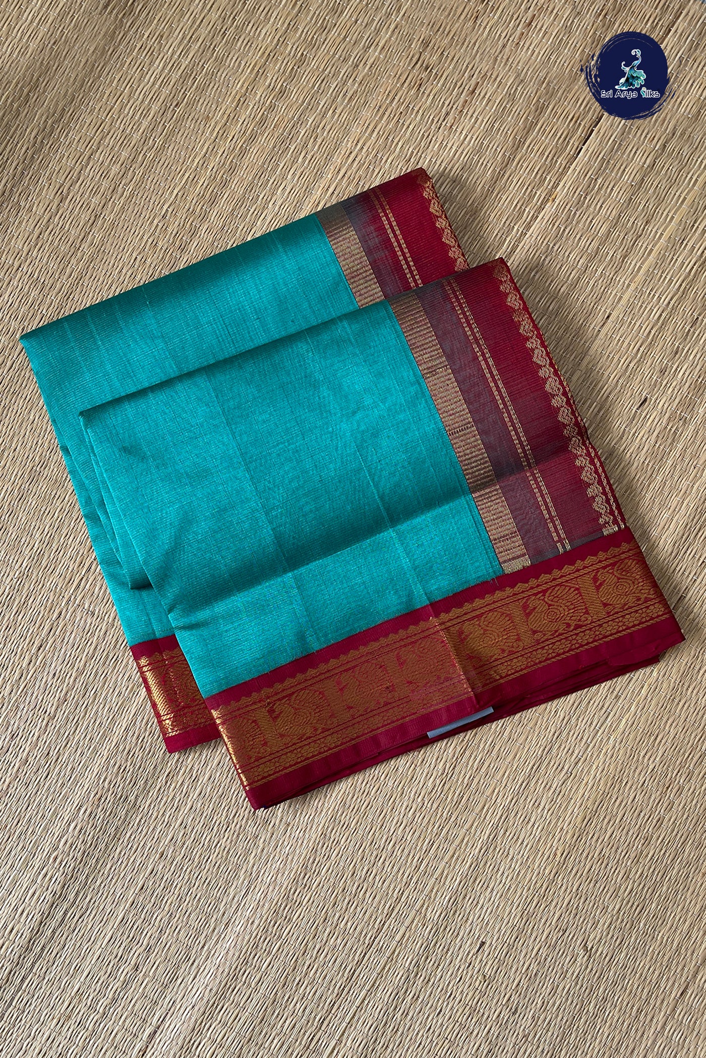 Turquoise Vaira Oosi Silk Cotton Saree With Vaira Oosi Pattern