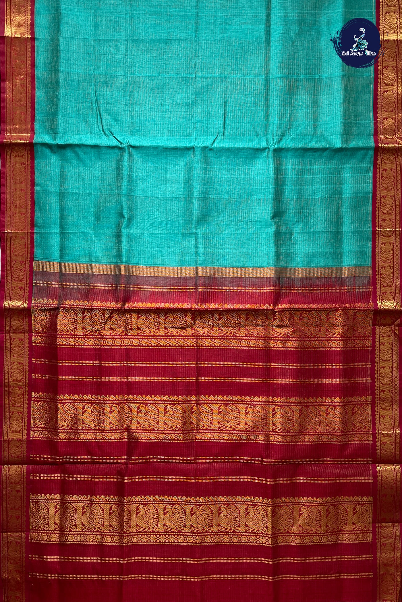 Turquoise Vaira Oosi Silk Cotton Saree With Vaira Oosi Pattern