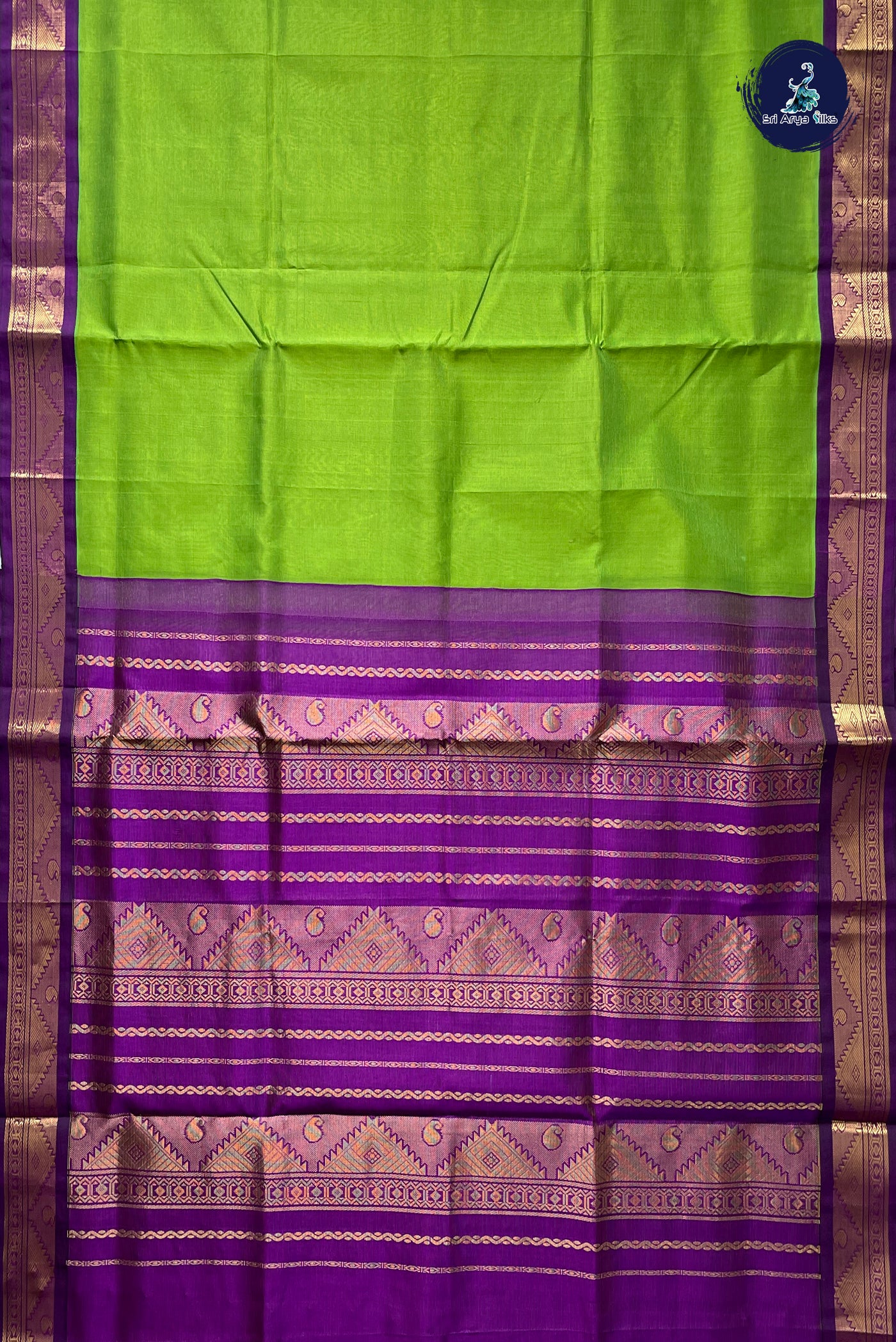 Lime Green Vaira Oosi Silk Cotton Saree With Vaira Oosi Pattern